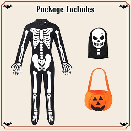 Miniatura 5 de Disfraz de esqueleto que brilla en la oscuridad para niños pequeños, mameluco de Fortnite de Halloween para niños y niñas con bolsa de calabaza y