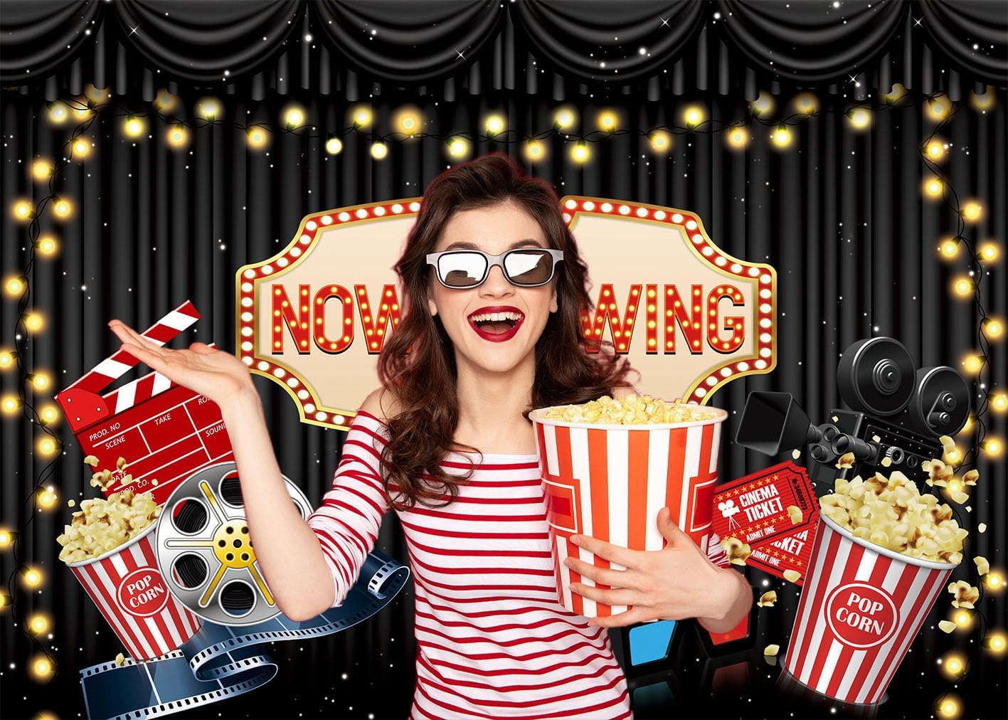 Movie Night Backdrop Now Showing Black Carpet Photography Backdrop Ceremony Dress-up Awards Theatre Birthday Party Banner Decorations Photo Booth Props