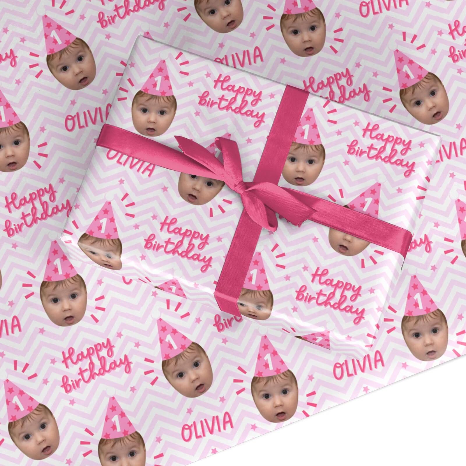 Personalised Birthday Wrapping Paper – Custom Face Photo & Name Gift Wrap For Girls, Women, Kids & Babies – Any Age or 1st Birthday Pink Party Hat Design – by Dyefor - 1 Sheet (50cm x 65cm)