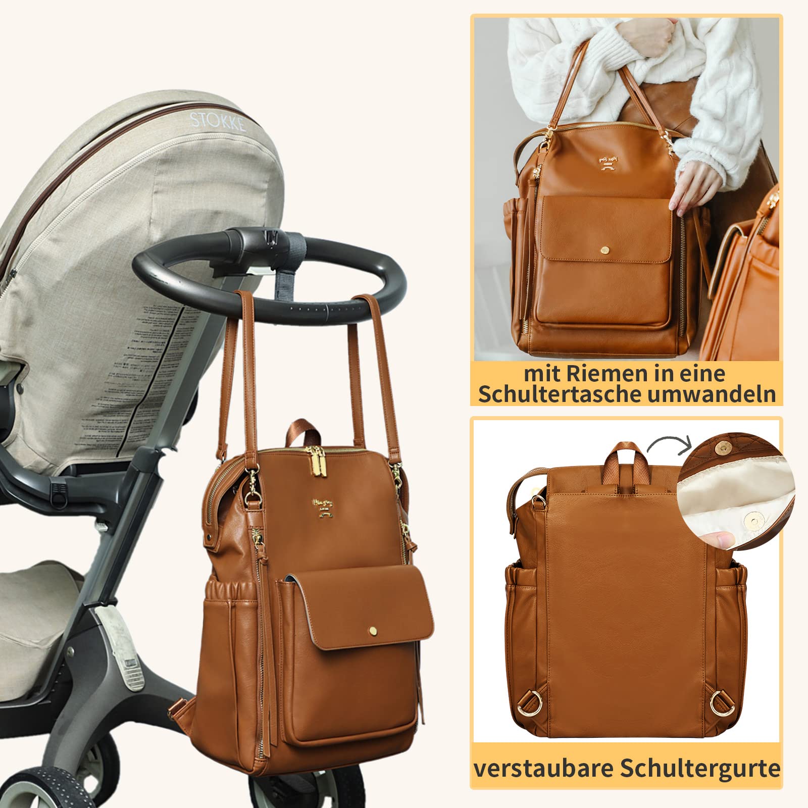 MISS FONG Wickelrucksack Wickeltasche Babytaschen Rucksack Groß Leder Baby Rucksack Kinderwagen Mom Mummy Bag Windeltasch Mit Wickelunterlage Unterwegs Schwarz Lässig Braun