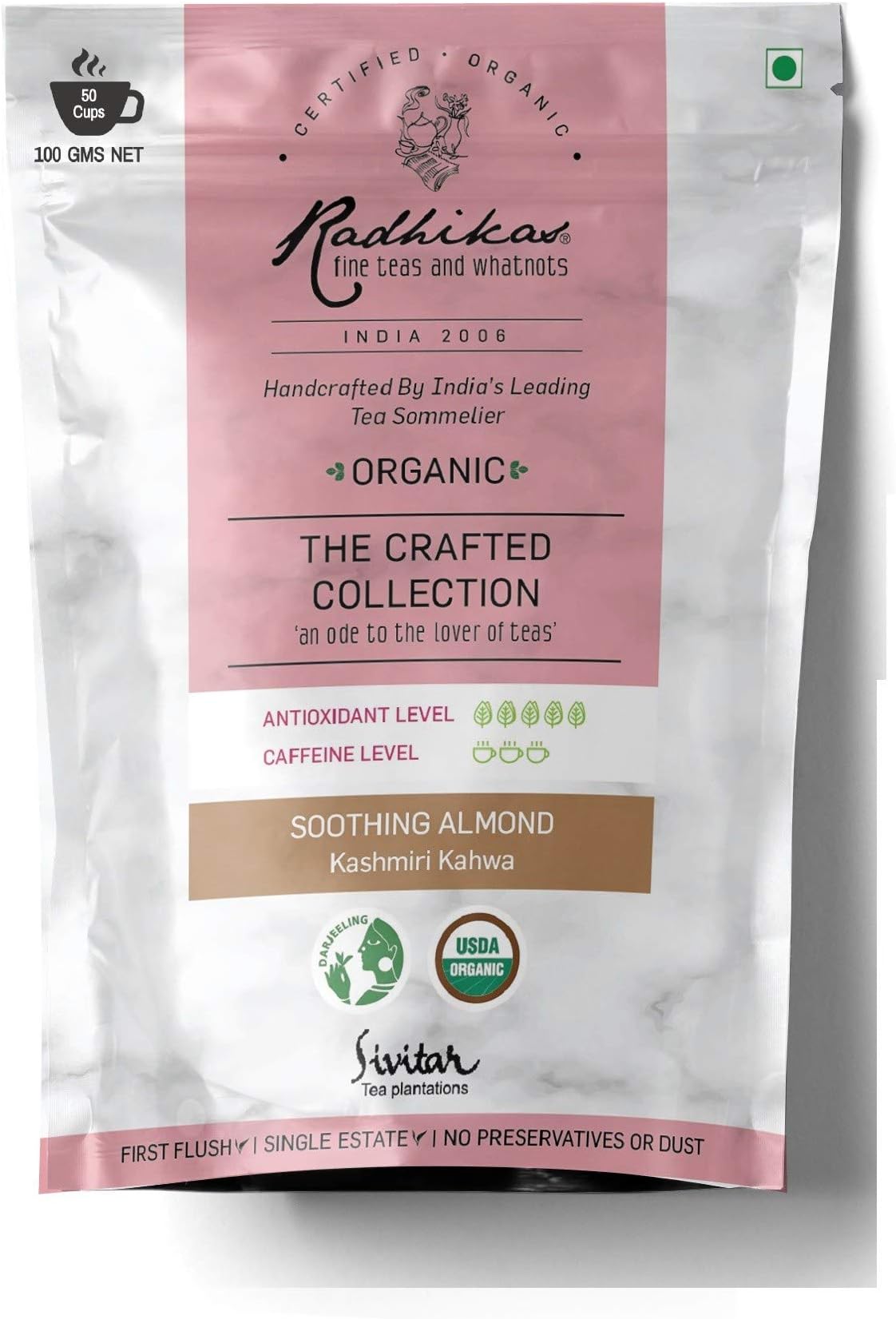 Radhikas Fine Teas and Whatnots SOOTHING Almond Kashmiri Kahwa Saffron Herbal Tea Vacuum Pack, 100gm - Makes 50 Cups of Tea