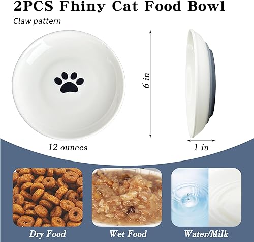 Miniatura 5 de Fhiny Juego de 2 cuencos de comida para gatos, platos de cerámica de 6 pulgadas con parte inferior de silicona, juego de platos para gatos de
