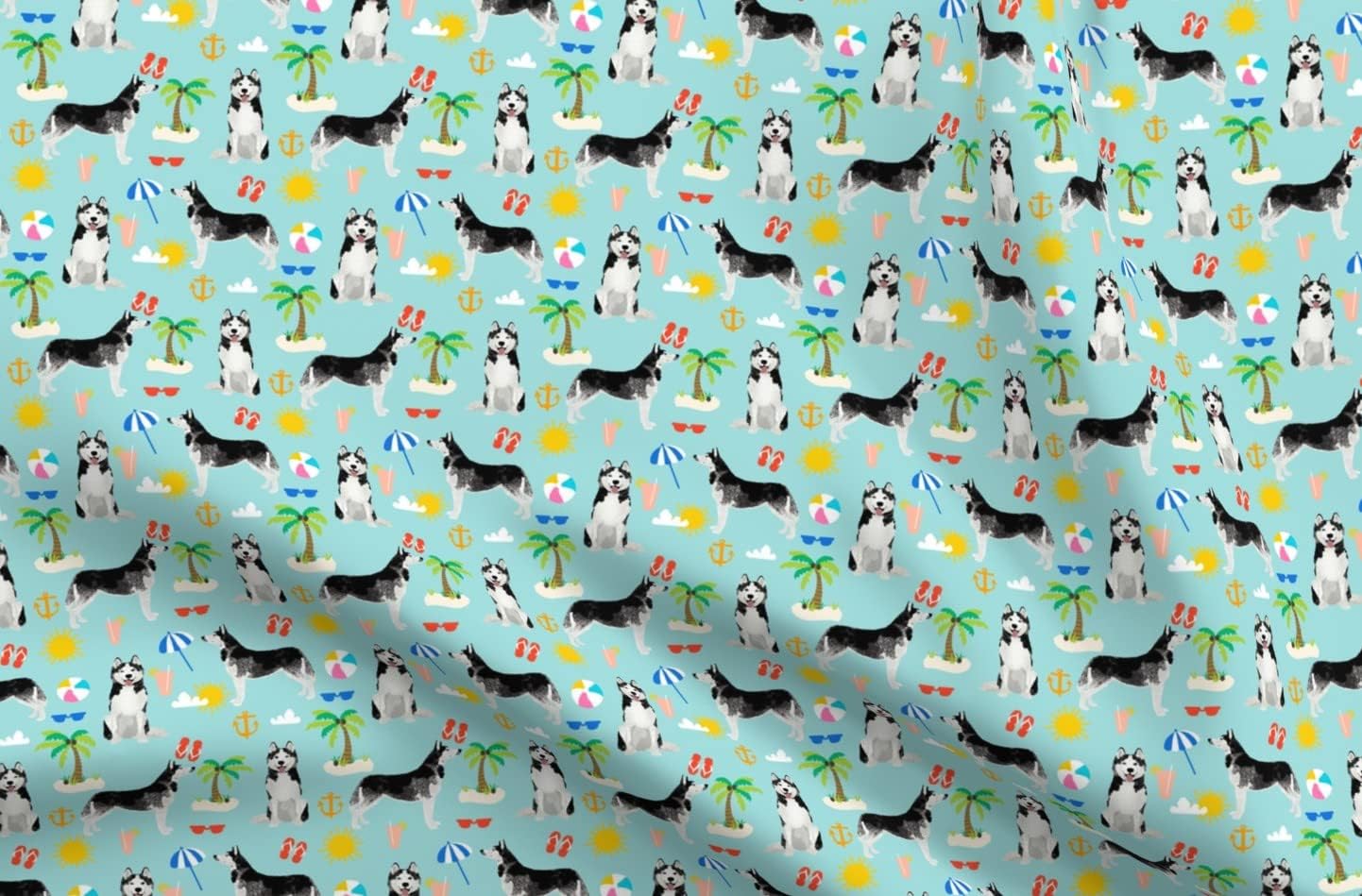Spoonflower Fabric - Husky Beach Summer Dog Pattern Blue Huskies Dogs Pet Printed on Organic Cotton Sateen Fabric by The Yard - Sewing Quilting Apparel Home Decor