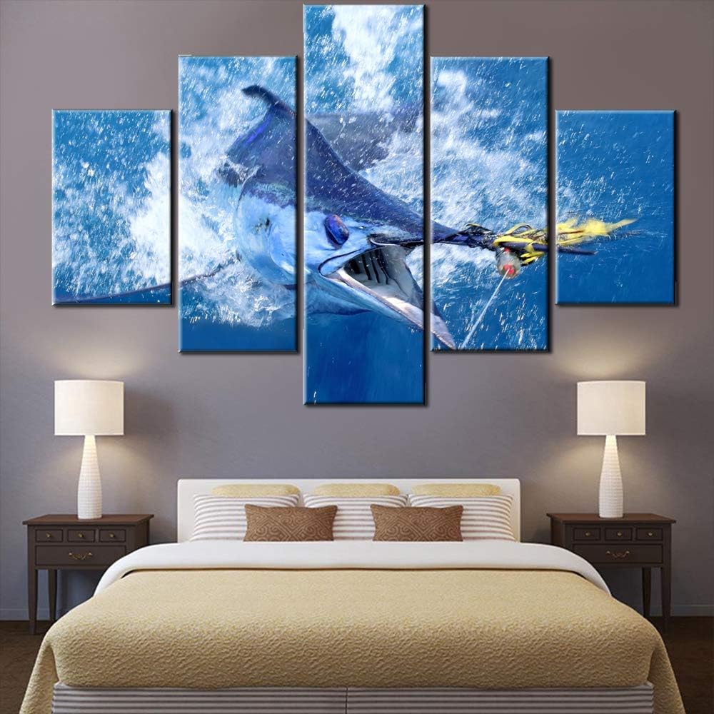 Living Room Decorations for Wall Big Fish Shark Painting Blue Ocean Wave Pictures 5 Piece Canvas Wall Art aquarium Artwork Modern House Decor Framed Posters and Prints Ready to Hang(60''W x 40''H)