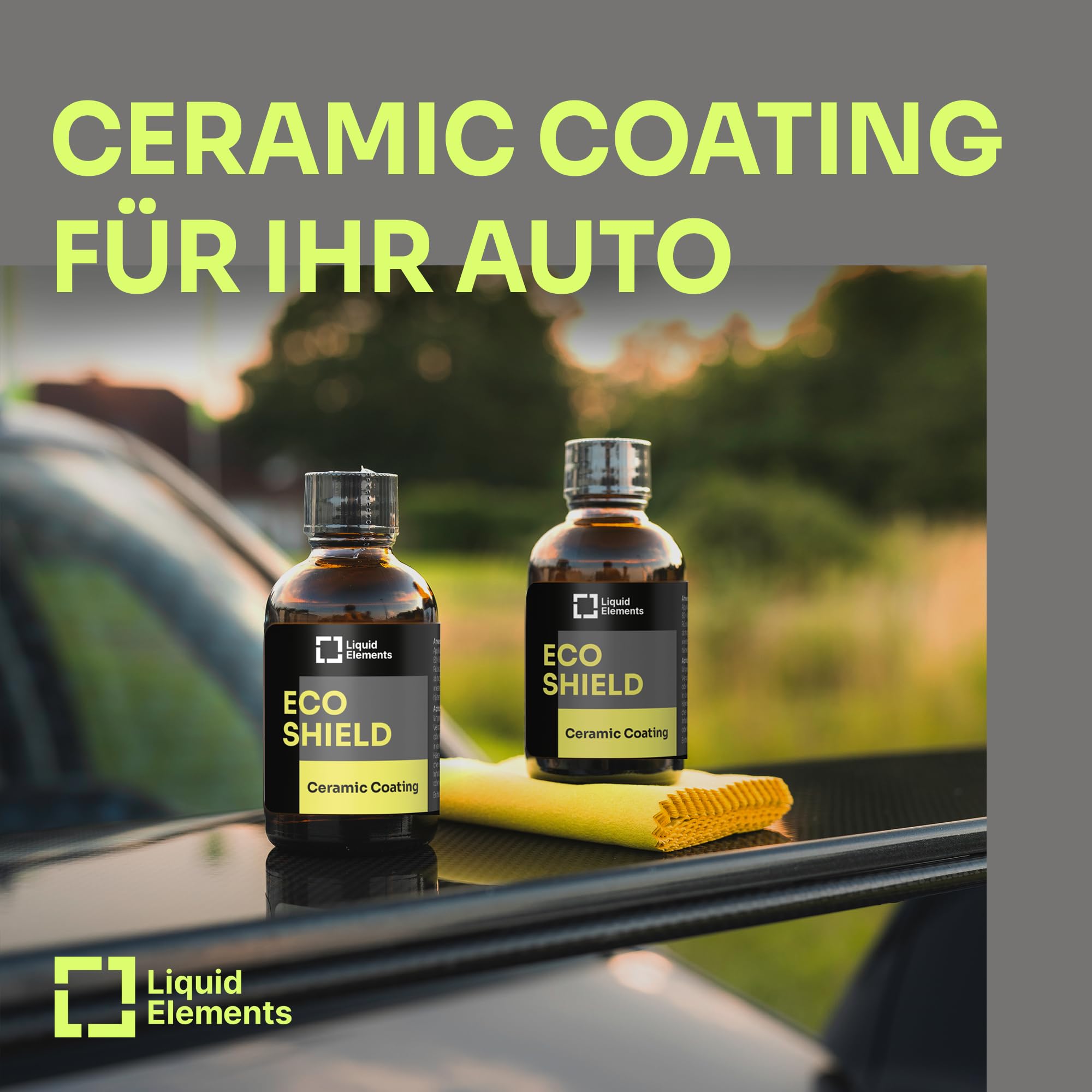 Liquid Elements – ECO Shield Keramikbeschichtung 50ml + Applikator Block gelb + 10er Set Scatter – Keramikversiegelung schützt vor Schmutz & Kratzern – wasserabweisend und Farb- & Glanz-intensivierend