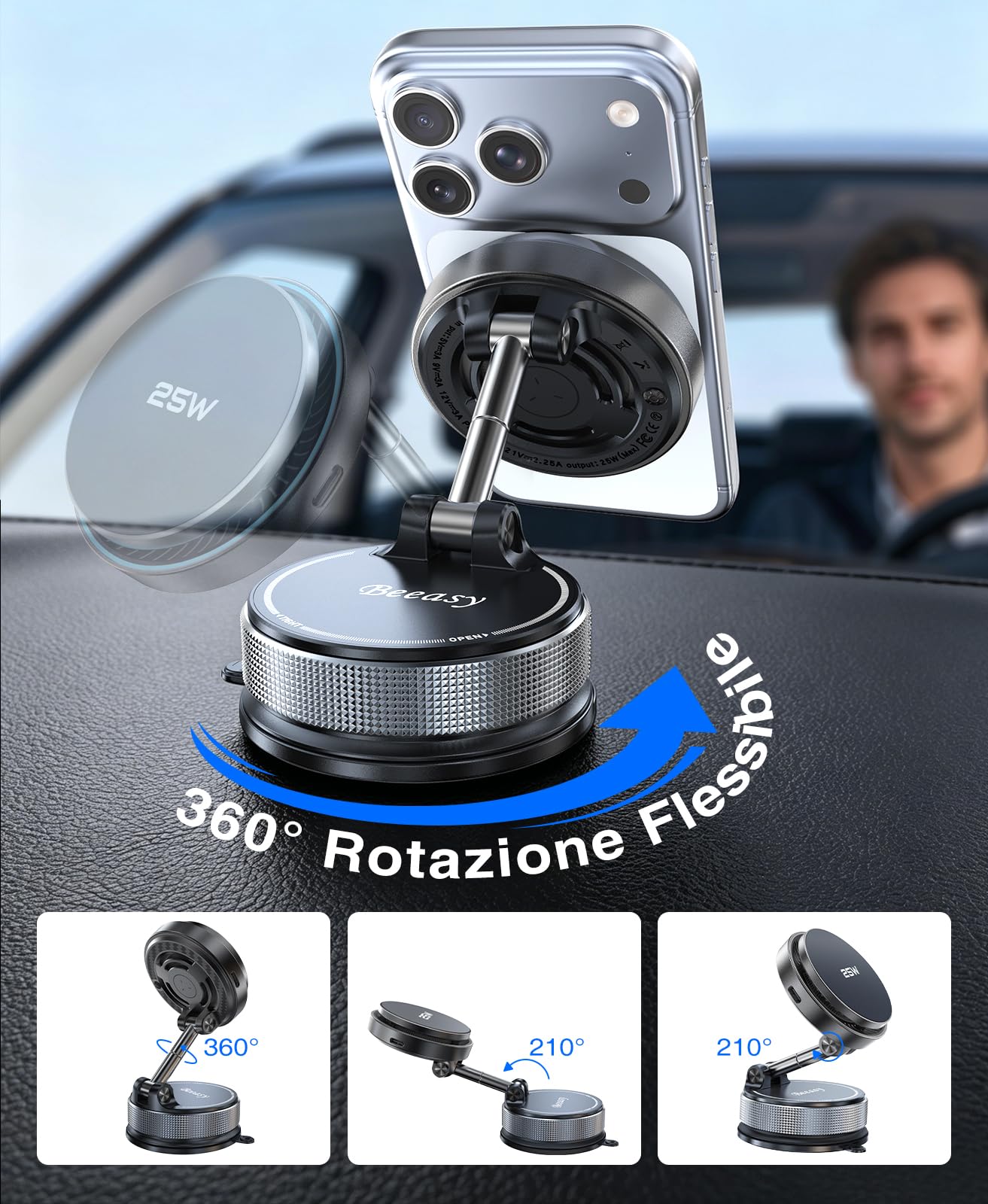 Beeasy Qi2.2 25W Caricatore Wireless Auto per MagSafe con Ventola Raffreddamento, Ventosa a Vuoto Ultra Potente Rotazione 360°, Porta Cellulare Auto Magnetico con Adattatore 63W per iPhone 17-12