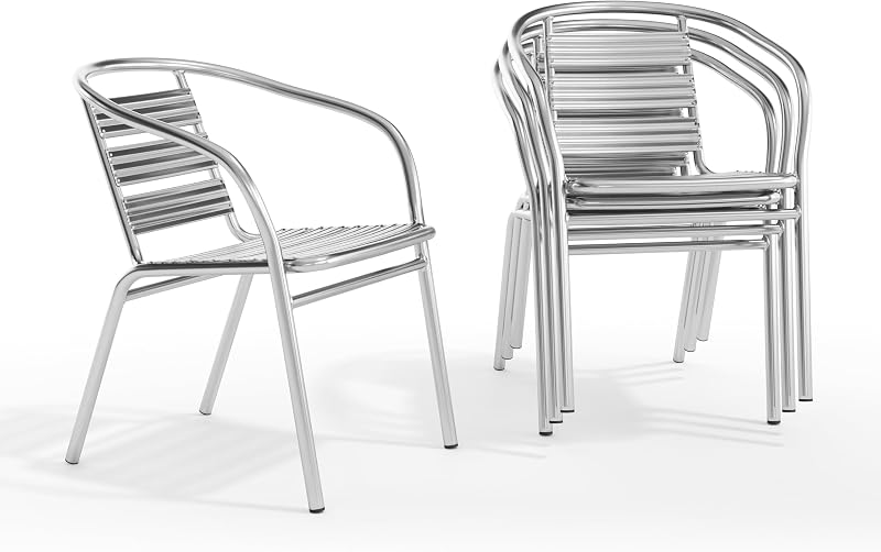 Flash Furniture Sillas de restaurante al aire libre apilables con respaldo de listones de aluminio comerciales, sillas de patio apilables modernas para restaurantes, juego de 4, plateado | Grado comercial, respaldo de listones triples, uso en interiores y exteriores.