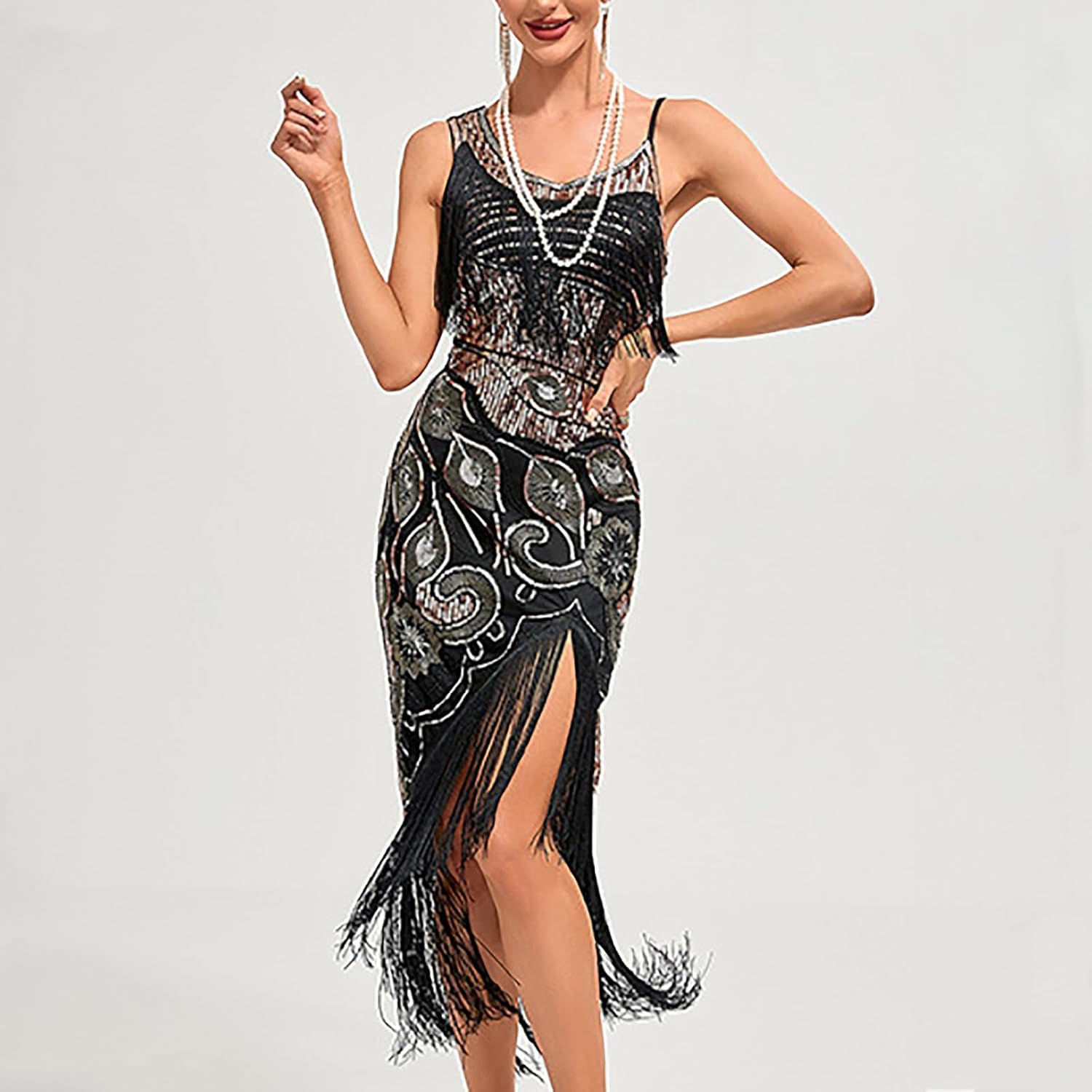 Women's Flapper Dress Paisley Sequin Beaded Fringed 1920s Style Dress Vintage Gatsby Dress Prom Evening Dresses