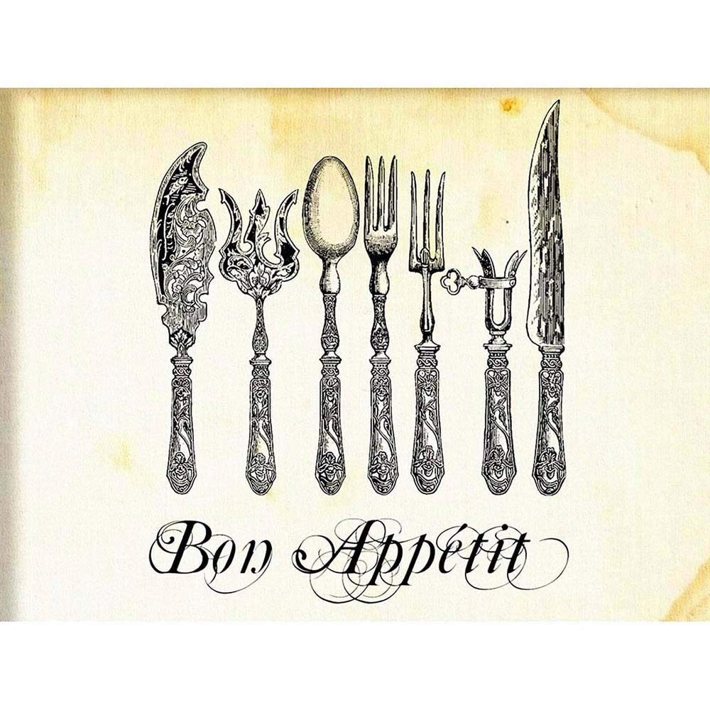 Wee Blue Coo Painting Drawing Sketch Cutlery Silver Bon Appetit Fork Knife Spoon Ornate Art Print Poster Decor 12X16 Inch