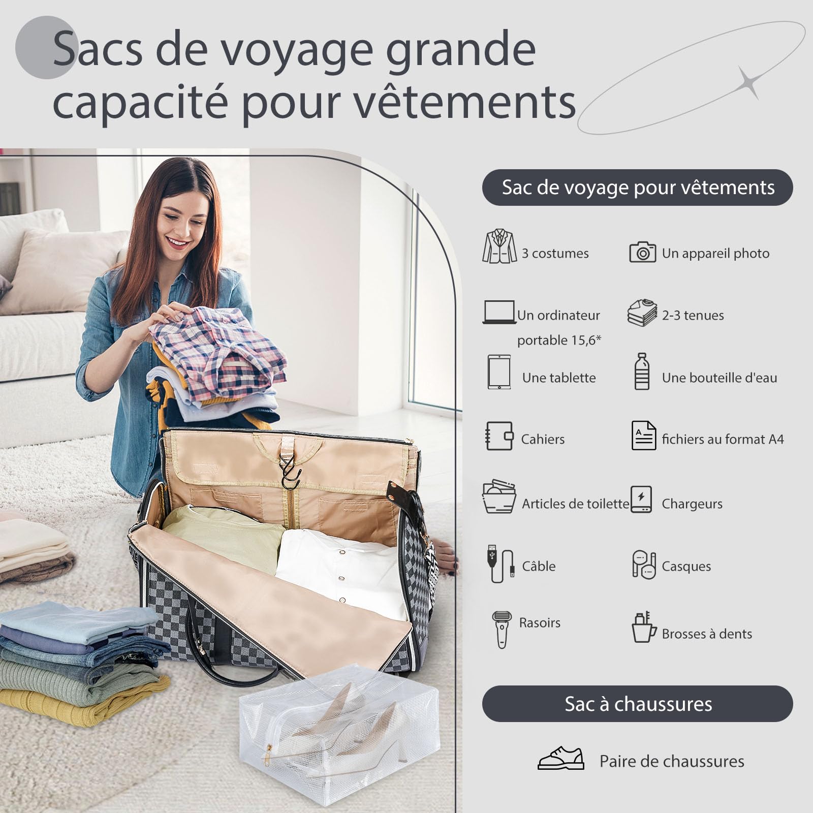 Sac porte-vêtements convertible 50 L, 2 en 1, poche chaussures imperméable, système anti-plis, idéal pour voyages travail et vacances (noir)