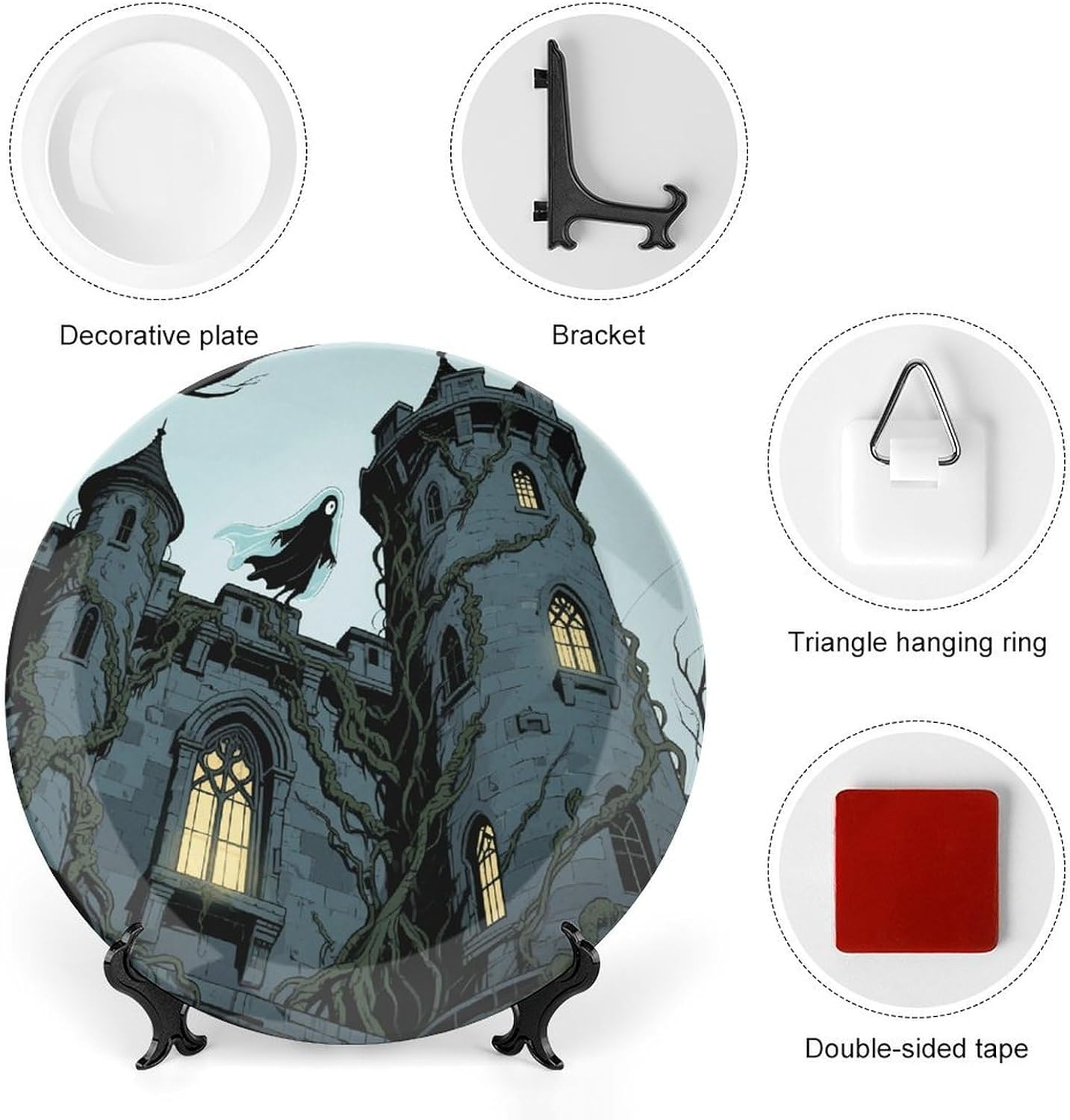 Ghost Castle Ceramic Plate 10inch Decorative Bone China Wall Hanging Ornament Plates Bohemian Style Dinner Plate with Display Stand Cabinet Display Plates for Home Art Decor