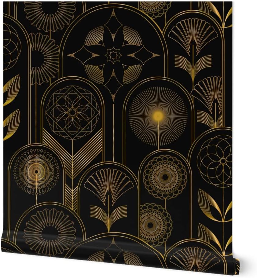 Spoonflower Peel & Stick Wallpaper Swatch - Art Deco Flower 1920s Gold Floral Black Flowers Geometric Dark Custom Removable Wallpaper