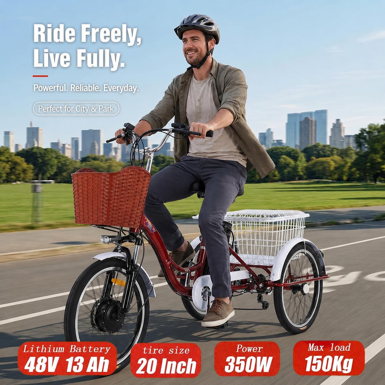 Elektryczny rower trójkołowy dla dorosłych, 20-calowe opony fatbike, 7 prędkości, 3 tryby jazdy, nośność 181 kg, rama wykonana ze stali o wysokiej wytrzymałości, wyświetlacz LCD, reflektor, wygodna
