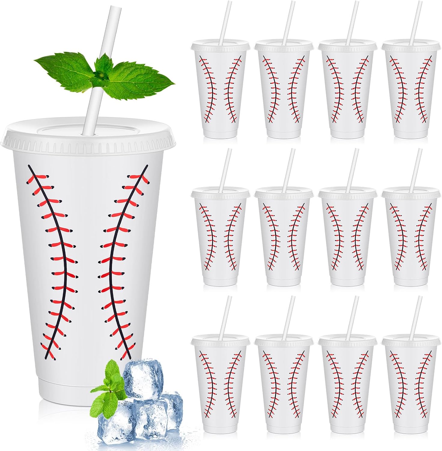 Uiifan 12 Pcs Plastic Baseball Cups Reusable Cute Party Cups with Lids Straws 24 oz Sports Party Gifts for Baseball Game Sport Birthday Decoration Supplies