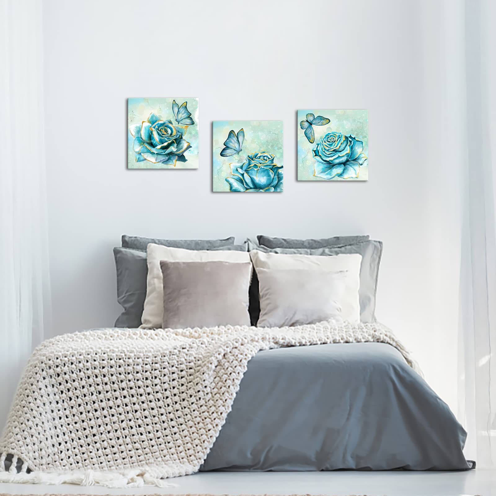 sechars Teal Rose Canvas Print Wall Art Flower with Butterfly Paintings Home Bedroom Bathroom Turquoise and Gold Decor Framed Ready to Hang 12"X12"X3PCS
