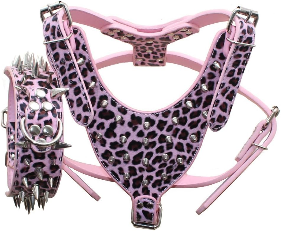 Leather Sharp Spiked Studded Medium & Large Dog Collars, Harnesses 2Pcs Matching Set for Pit Bull,Mastiff, Boxer, Bull Terrier(White,M)