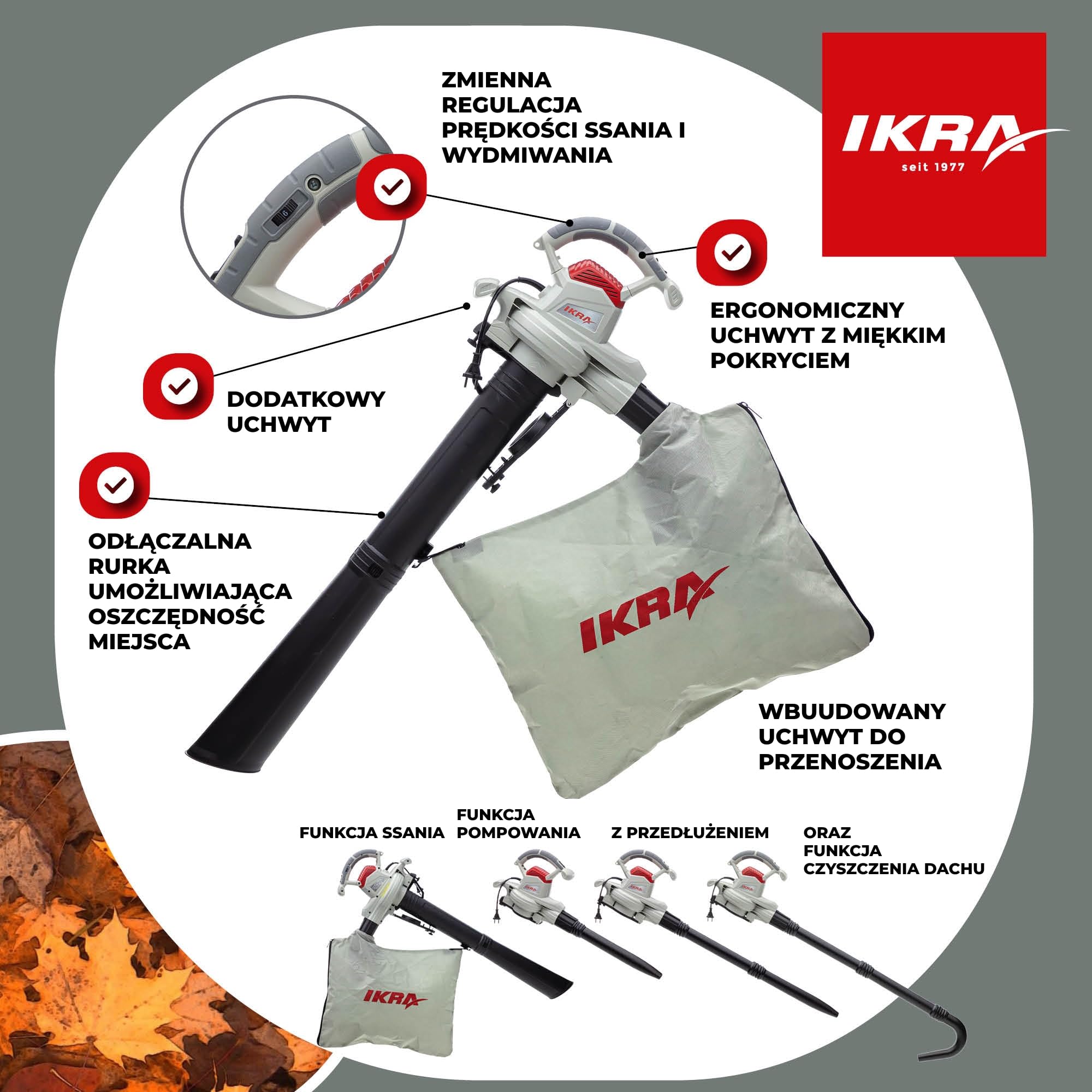 IKRA Odkurzacz i dmuchawa do liści elektryczna IEBV 3200 3w1, 3200 W | W zestawie: przedłużka do czyszczenia rynien, worek 40 l, pas naramienny, regulacja prędkości, miękka rękojeść, 300 km/h