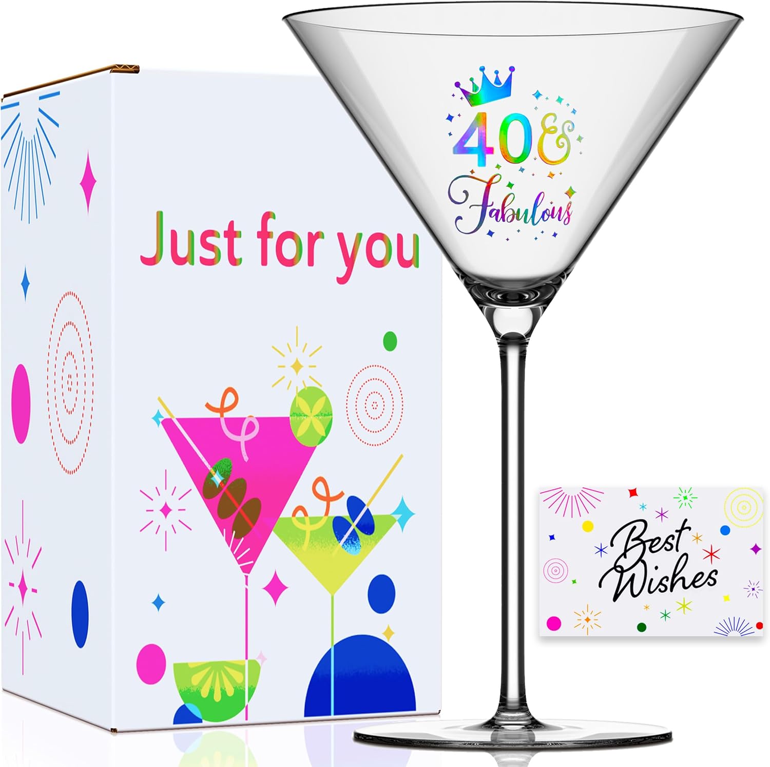 40th Birthday Martini Glasses Gifts, Personalized Colorful Print ’40 Fabulous‘ Cocktail Glass Set for Women, Gift Package with Over Size Glass for 40 Years Old Woman