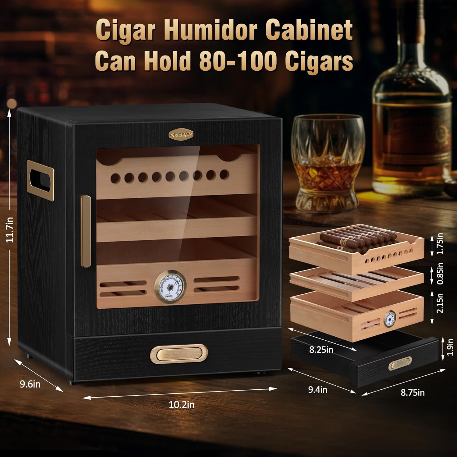 COOL KNIGHT Cigar Humidor Cabinet, Cigar Cabinet Humidor with Spanish Cedar Wood Drawer, Precision Hygrometer, 2 Humidifiers and Cigar Accessories Drawer, Christmas for Cigar Lovers - Image 2