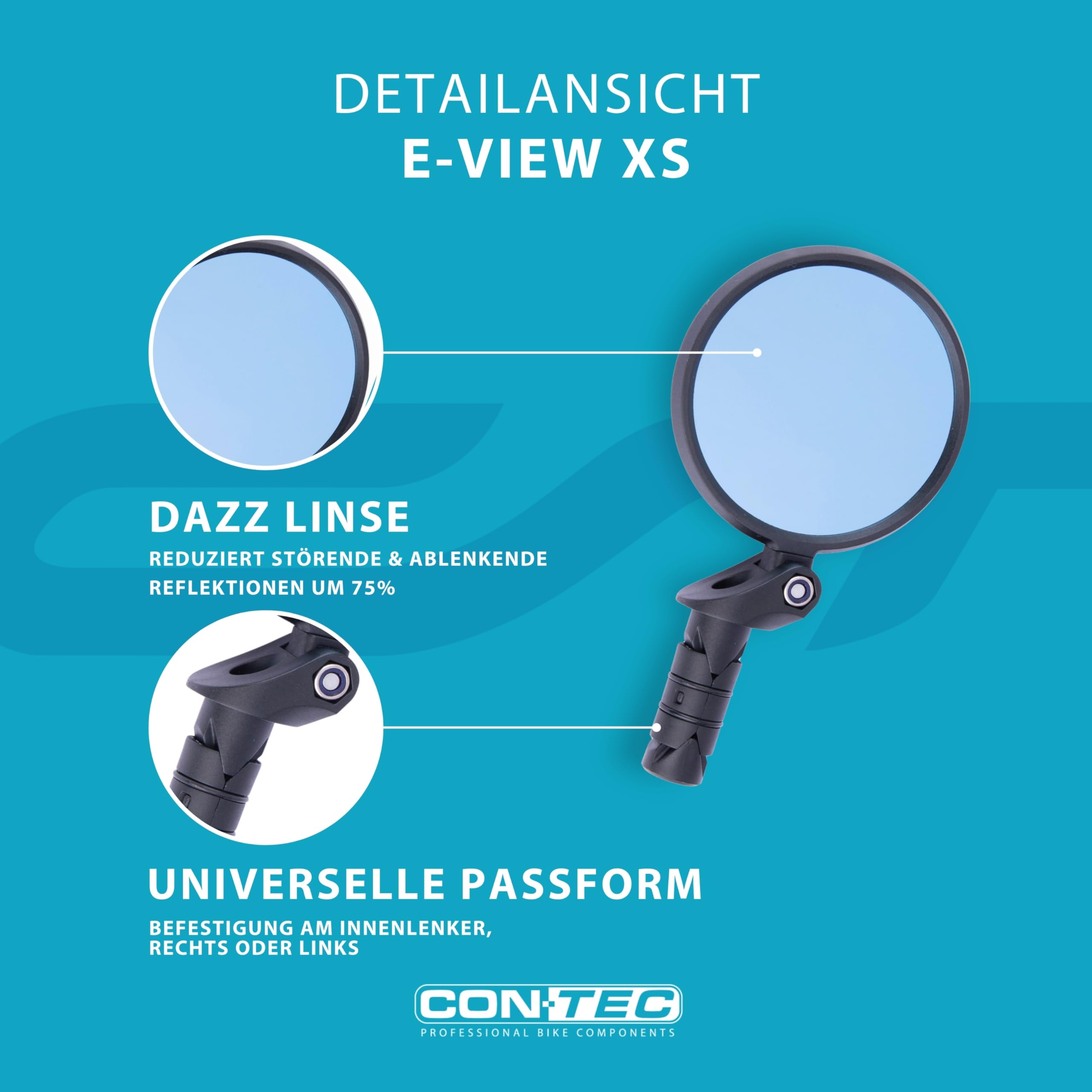 CONTEC E-View XS Fahrradspiegel, E-Bike Rückspiegel mit Edelstahllinse Ø 62 mm, Glare oder Dazz Linse, Lenker-Innenklemmung Ø 16 mm, rechts & links montierbar, robust & schwarz