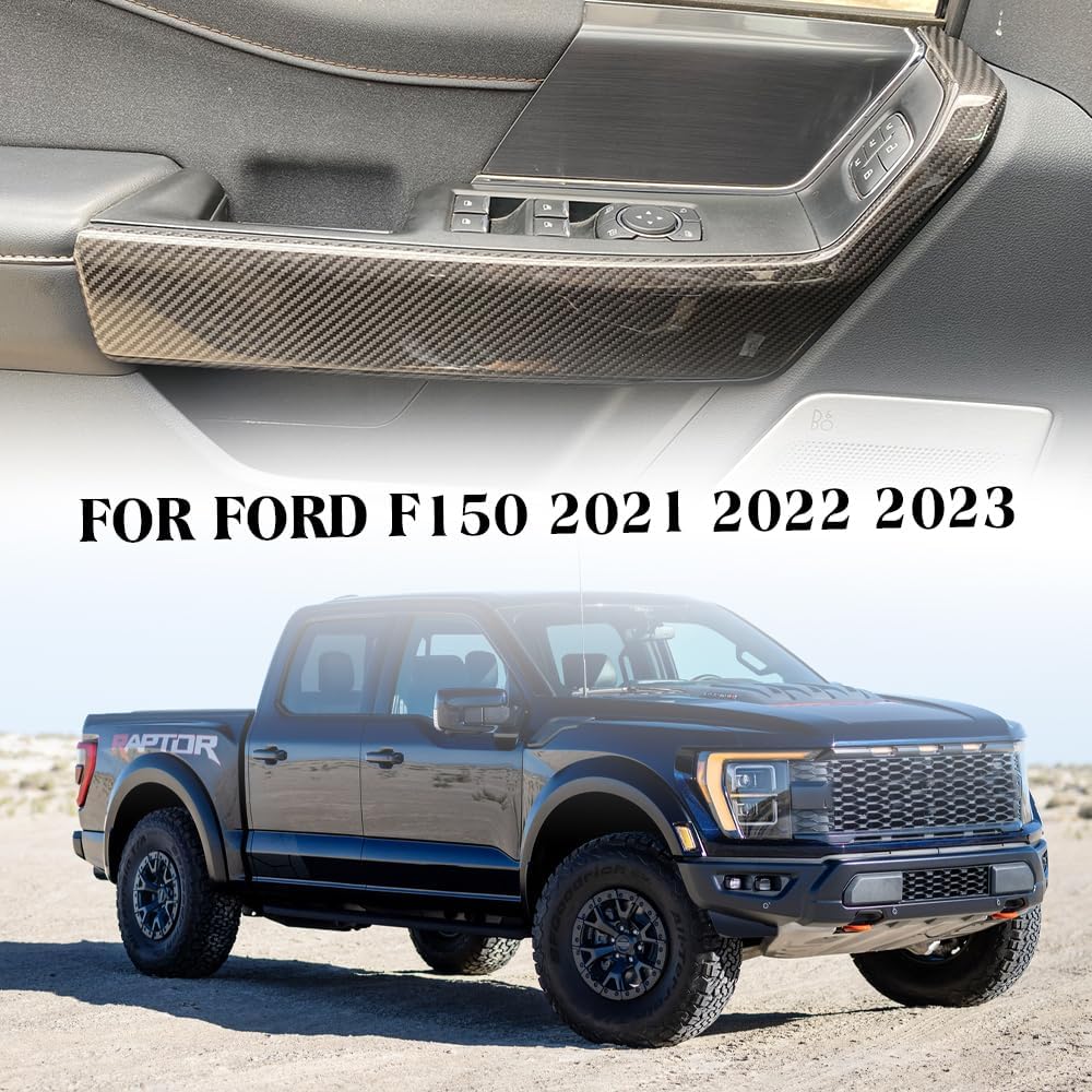 Jogon Carbon Fiber Inner Door Armrest Panel Trim for Ford F150 Raptor Tremor Lariat Limited Platinum XLT King Ranch 2021 2022 2023 2024 2025 2026 Front Rear Side Handle Overlays (Glossy CF)