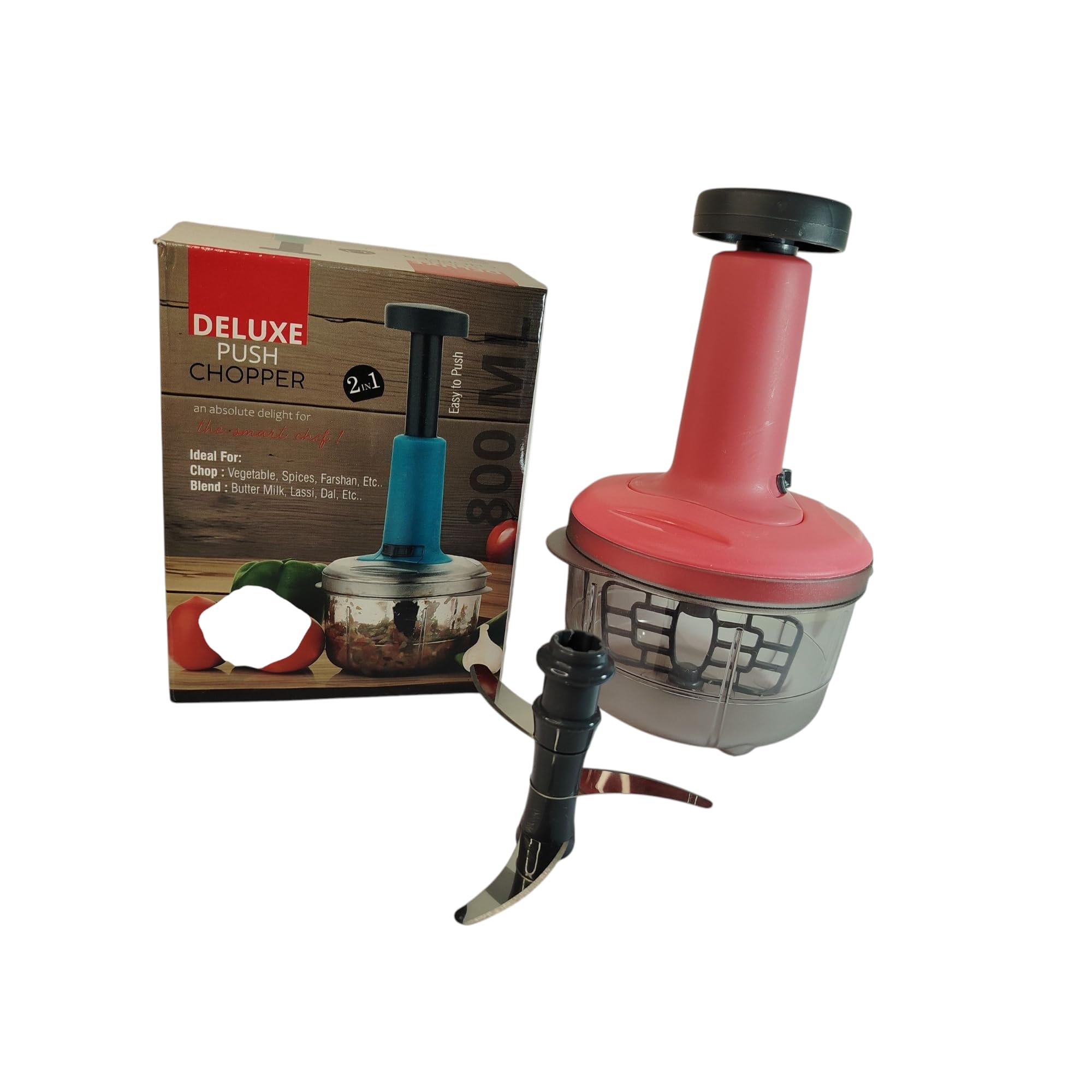 Deluxe Push Chopper, 2-in-1, 800 ml Container, Vegetable Chopper and Blender with 3 Blades, Red-image-33