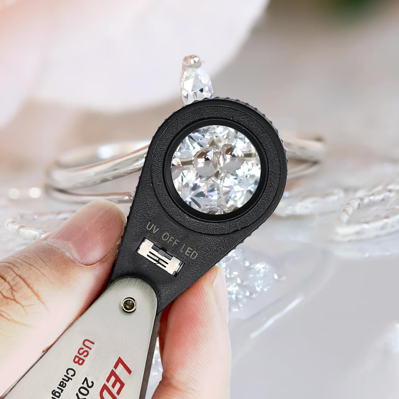 Lupa de 20 aumentos con luz LED y UV, lupa plegable de bolsillo, lupa recargable por USB para joyas, piedras, monedas
