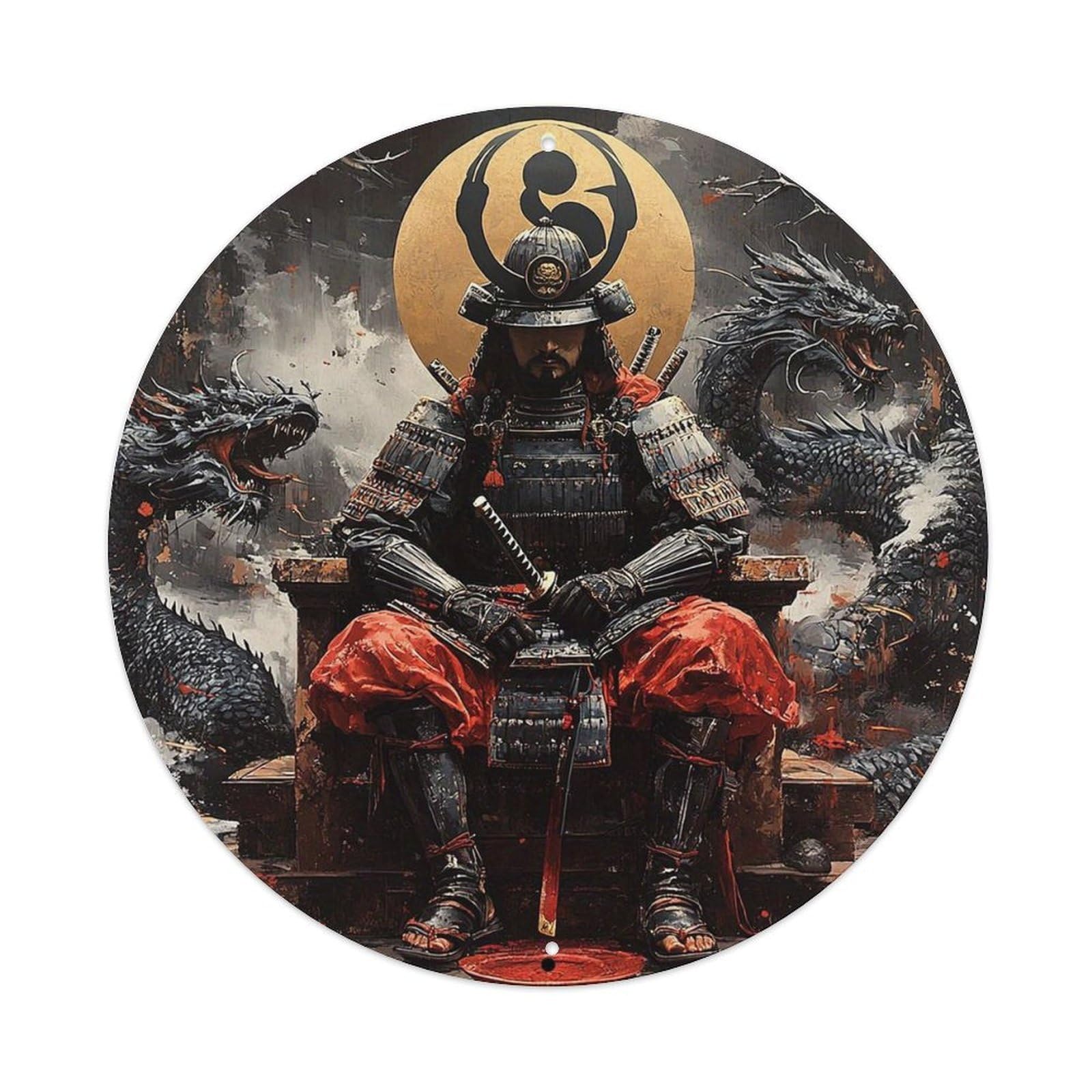 Samurai Warrior Dragon Symbol Circle Retro Metal Sign Round Tin Sign, Vintage Decor Art Poster for Bar, Home, Man Cave, Kitchen, Laundry Room Gift 8x8Inch