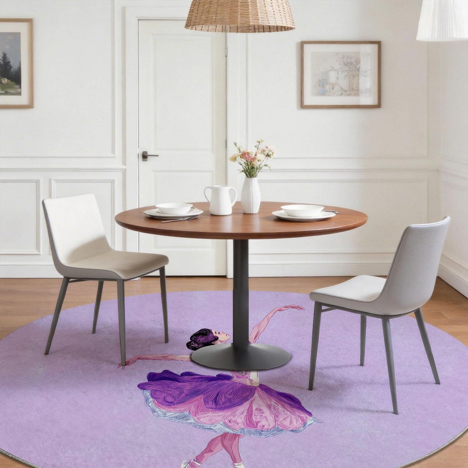 Generico Viola Ballerina Tappeto Rotondo Salotto 120 cm, Lavabile e Antiscivolo, Incantevole Raffinata e Sognante Pelo Corto Morbido per Camera e Studio, Ideale per Famiglie