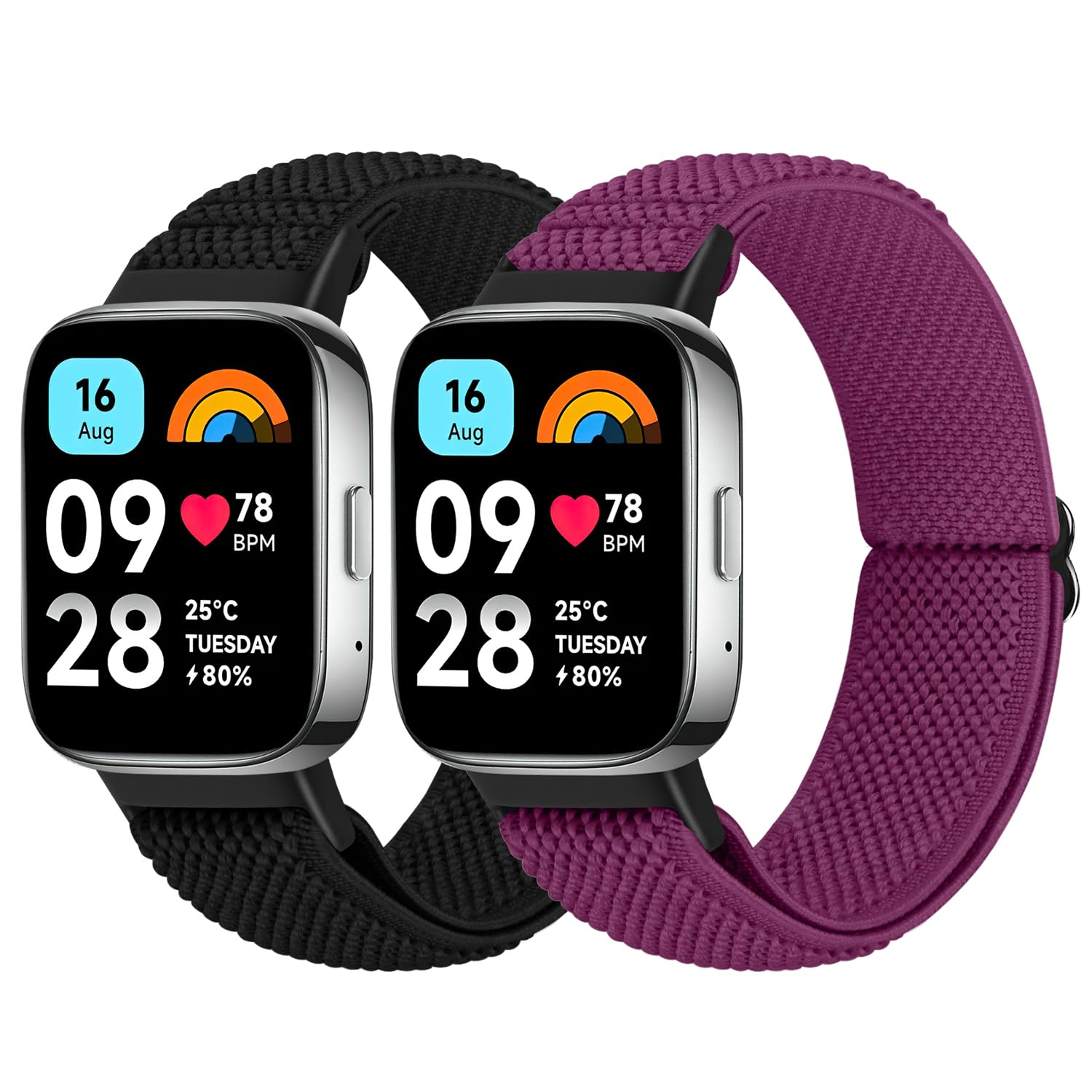 BTTNG Elastisches Armband kompatibel mit Xiaomi Redmi Watch 3 Active für Damen und Herren, Einstellbare Solo Loop Elastisches Armband Bequemes Sport Ersatzarmband für Redmi Watch 3 Active, 2 Stück