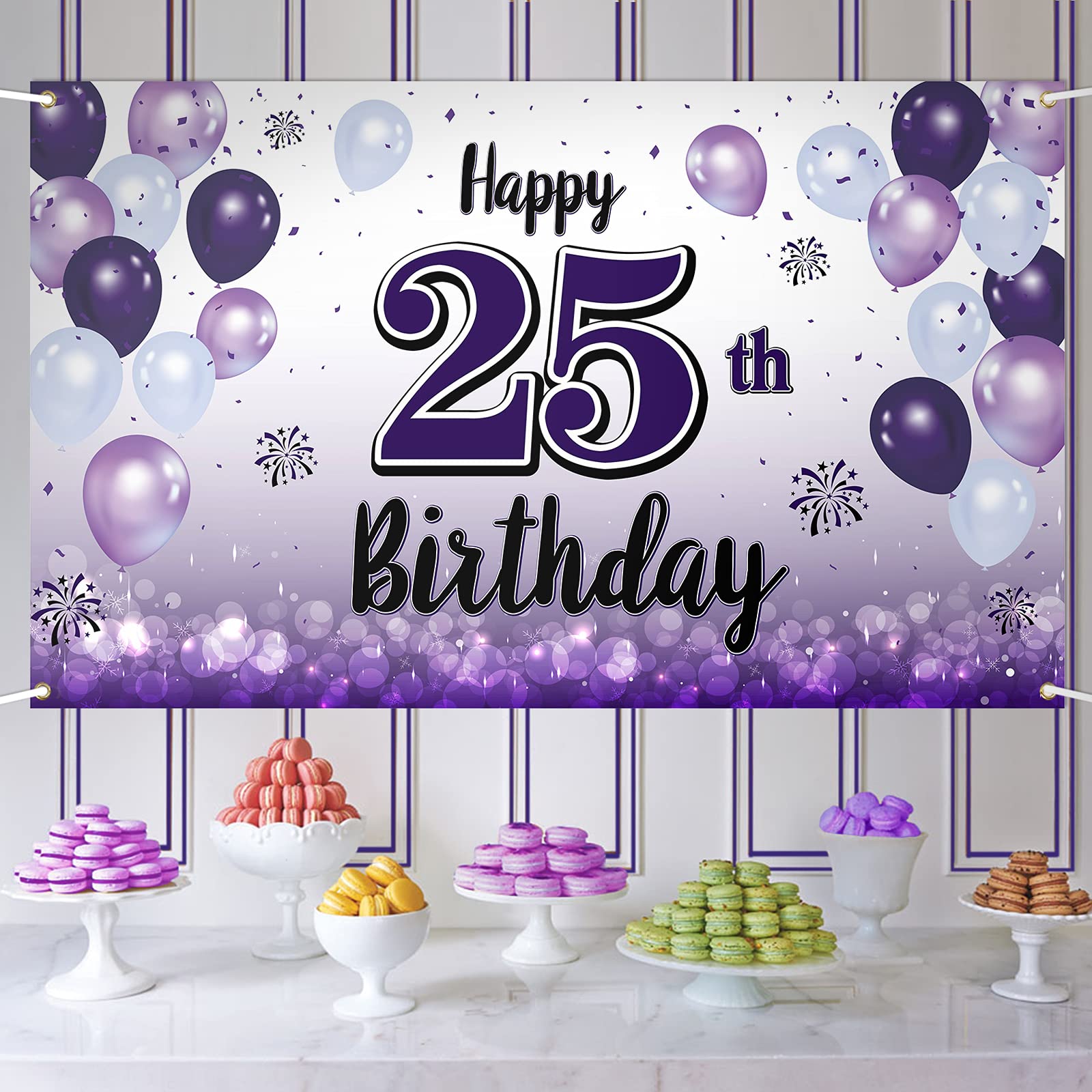 LASKYER Happy 25th Birthday Decorations,25th Purple Balloon Large Birthday Banner Backdrop Sign,25 Years Old Bday Party Supplies.