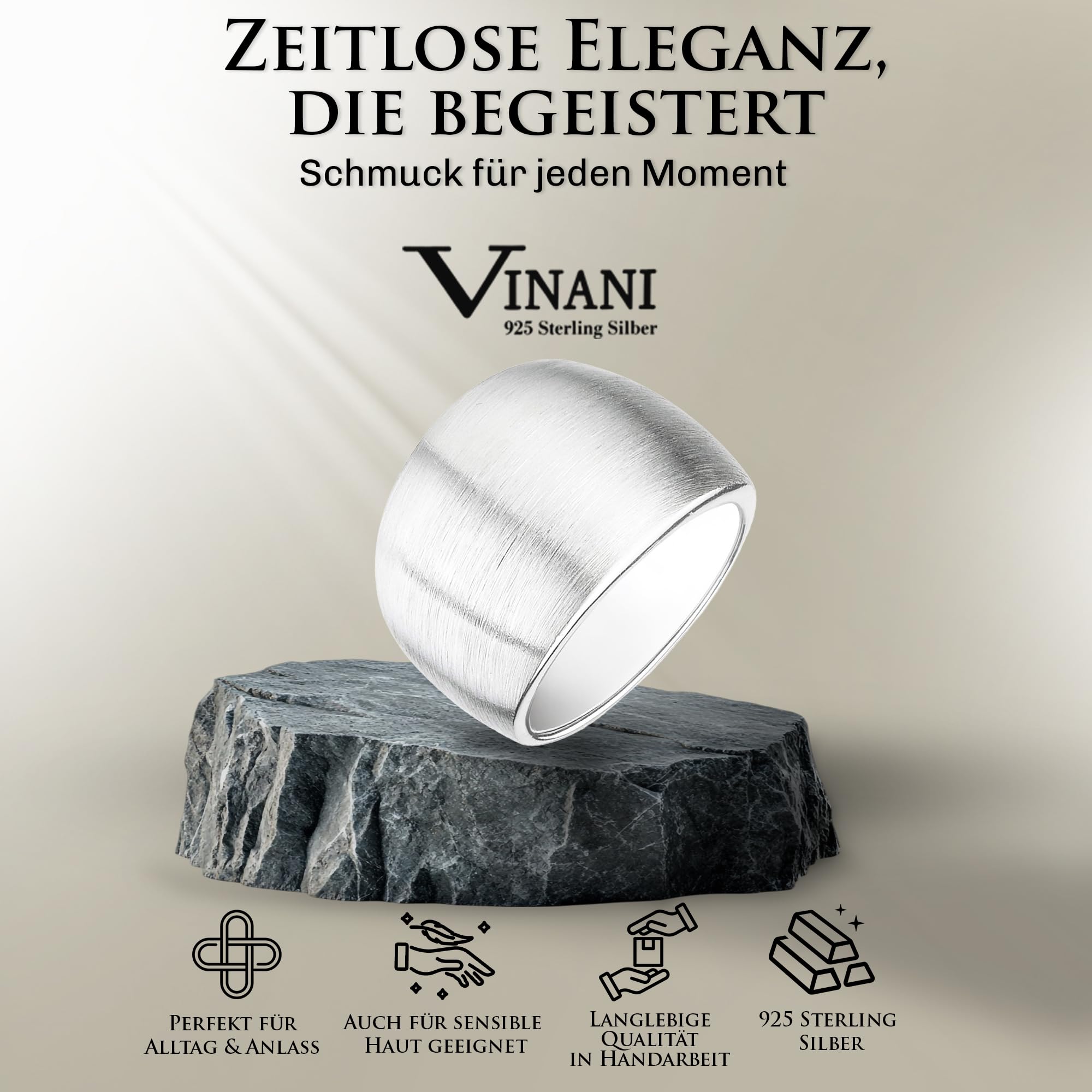 Vinani Damen-Designring, 925 Sterling Silber – abgerundeter, bauchiger, massiver Ring mit matter Oberfläche, handgefertigter zeitloser Schmuck für Frauen, elegantes und vielseitiges Accessoire
