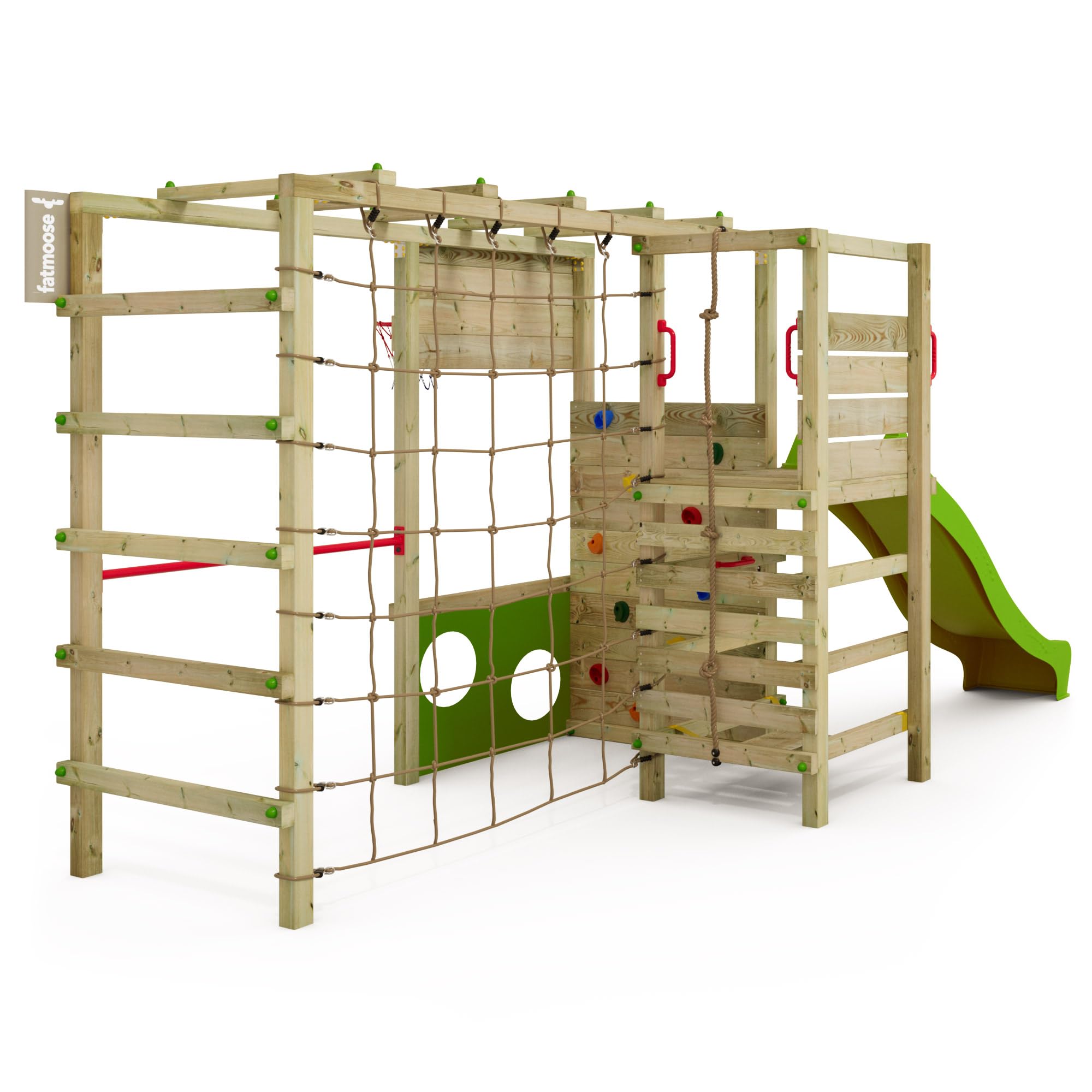 FATMOOSE Spielturm Klettergerüst ActionArena Air mit apfelgrüner Rutsche, Outdoor Kinder Kletterturm mit Leiter, Basketballkorb & Spiel-Zubehör für den Garten