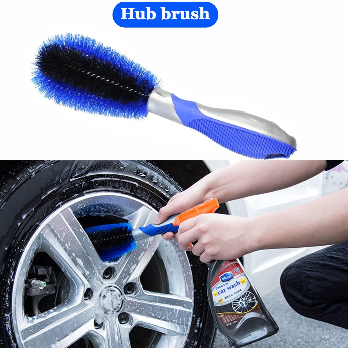 BMLEI Cepillo de lavado de coche con mango largo, guante de microfibra de chenilla con 1 cabezal de repuesto, cepillo de rueda de lavado de coche, barra de extensión, kit de limpieza de cepillo de