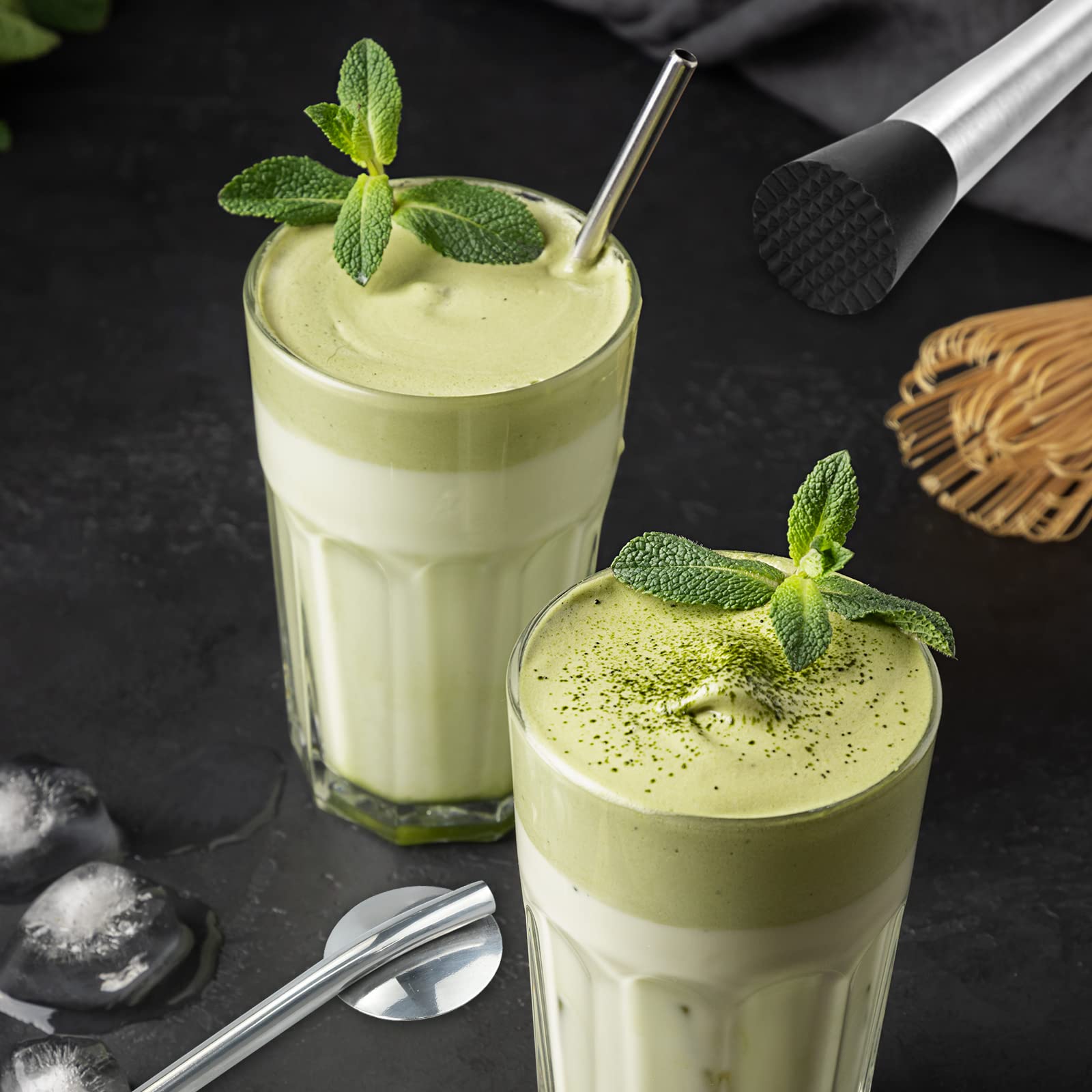 Juego de 4 accesorios de cóctel, mojito, cuchara mezcladora, clip de hielo y vaso medidor