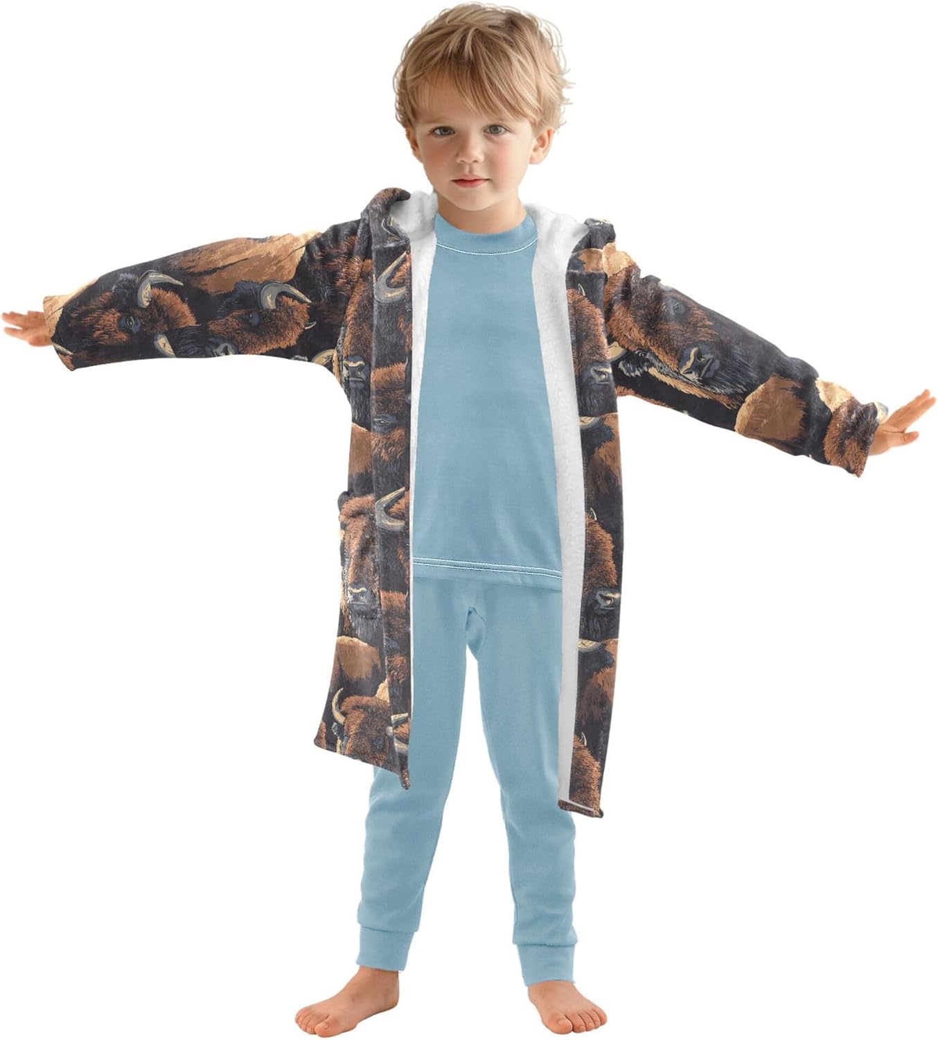 Animals Bison Cow Bathrobe Hooded PJ Robe Soft Fleece Robe Pajama Sleepwear 2-12 Years