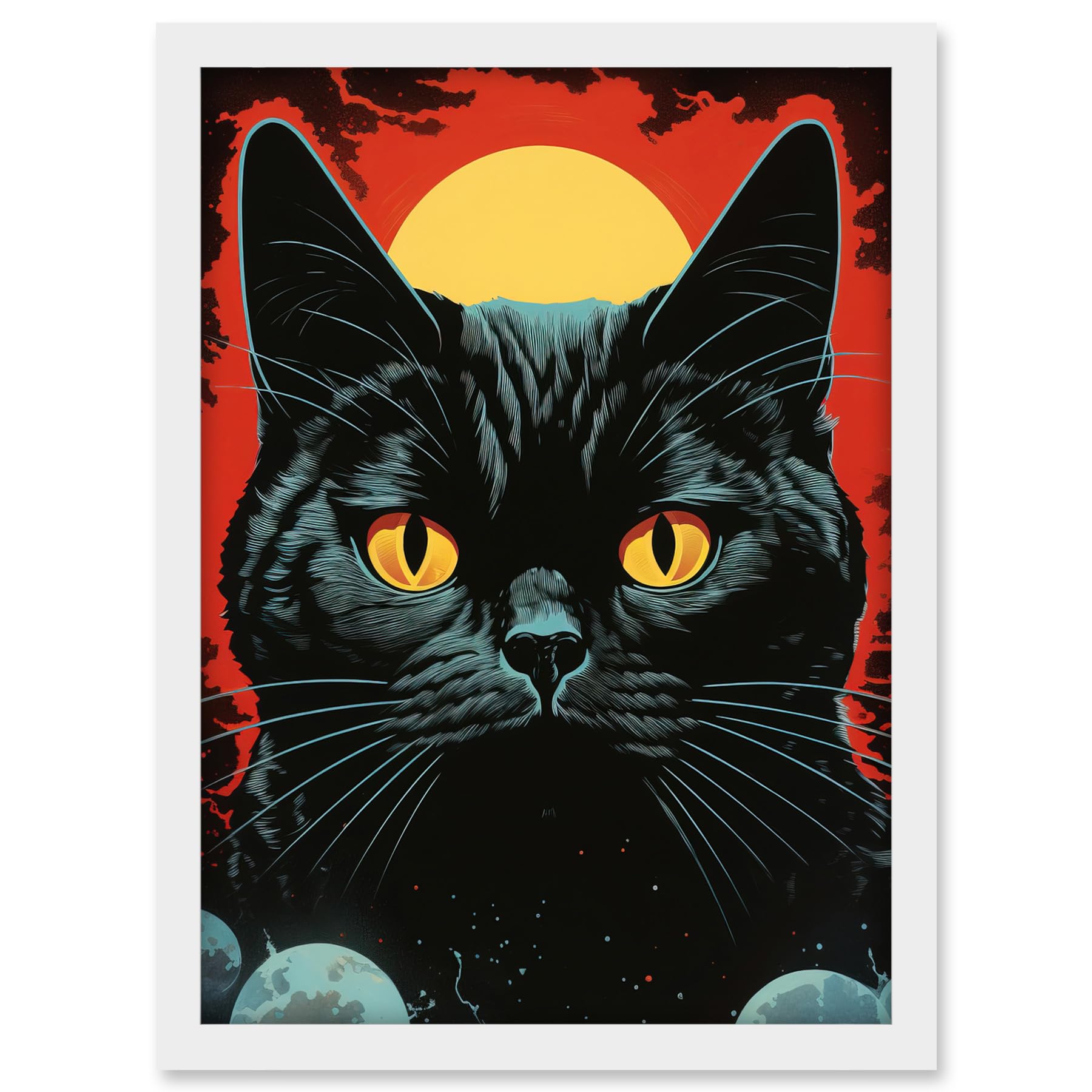 Artery8 In the Shadow of the Celestial Black Cat Vintage Pulp Art Sci-Fi Cover Artwork Red Yellow Blue Solar Eclipse Artwork Framed A3 Wall Art Print