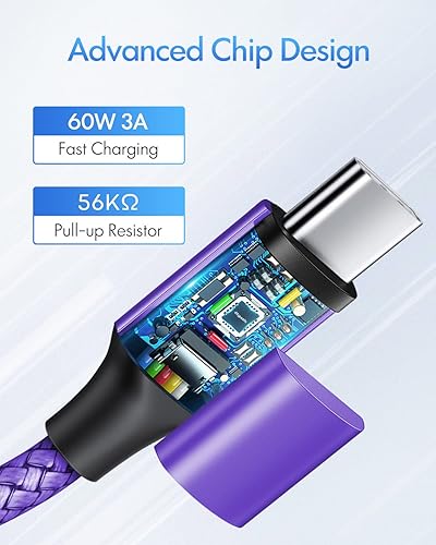 Miniatura 2 de Cable largo USB C a USB C de 10 pies morado, paquete de 2 cables de carga rápida de 60 W tipo C a tipo C, cable de carga USBC a USBC para Samsung