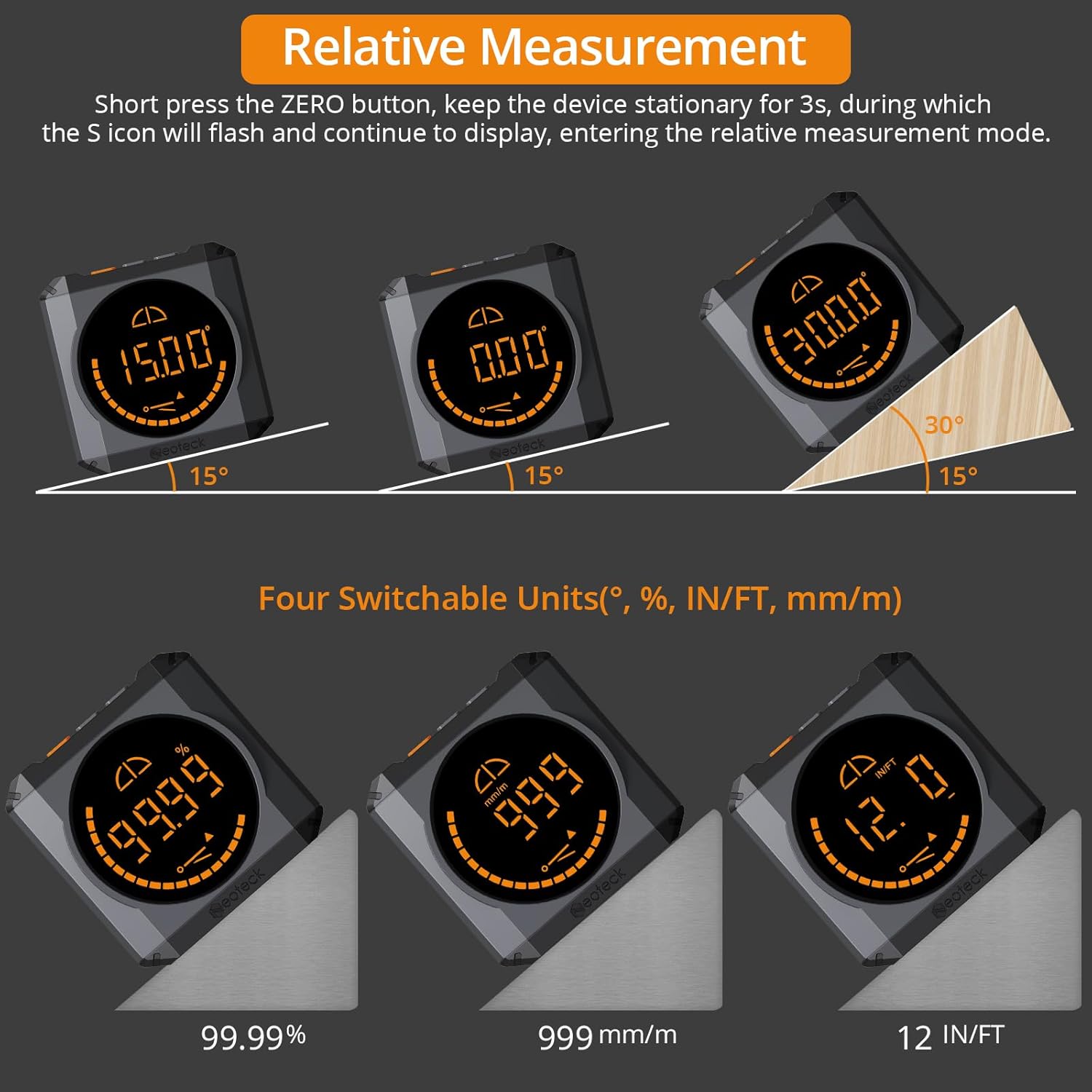 Neoteck Digital Angle Finder LED Rechargeable Level Box Protractor Bevel Gauge Inclinometer with Magnetic Base IP54 Waterproof for Woodworking Home Decoration