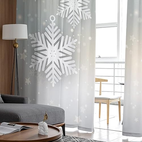 Miniatura 4 de Cortinas semitraslúcidas de Navidad con diseño de copos de nieve de 84 pulgadas de largo, cortinas con filtro de luz y bolsillo para cortinero,