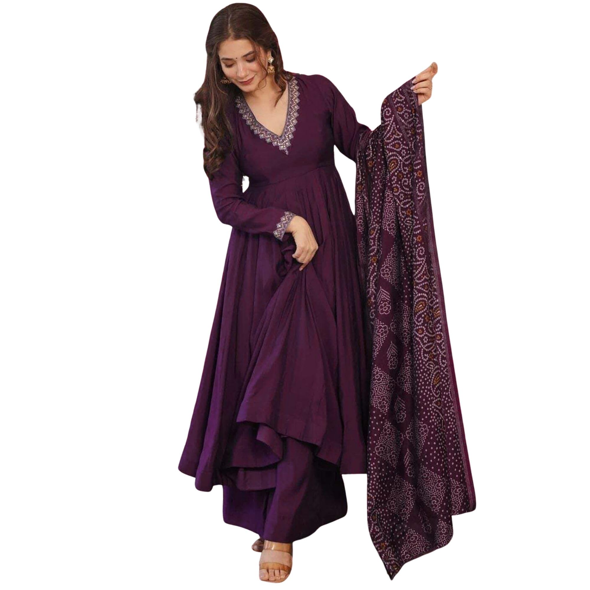 Women's Embroidered Anarkali Kurta Set with Palazzo & Dupatta, Vichitra Silk Blend Flared Ethnic Suit with Chanderi Dupatta, V Neck Kurti for Wedding & Functions-image-41