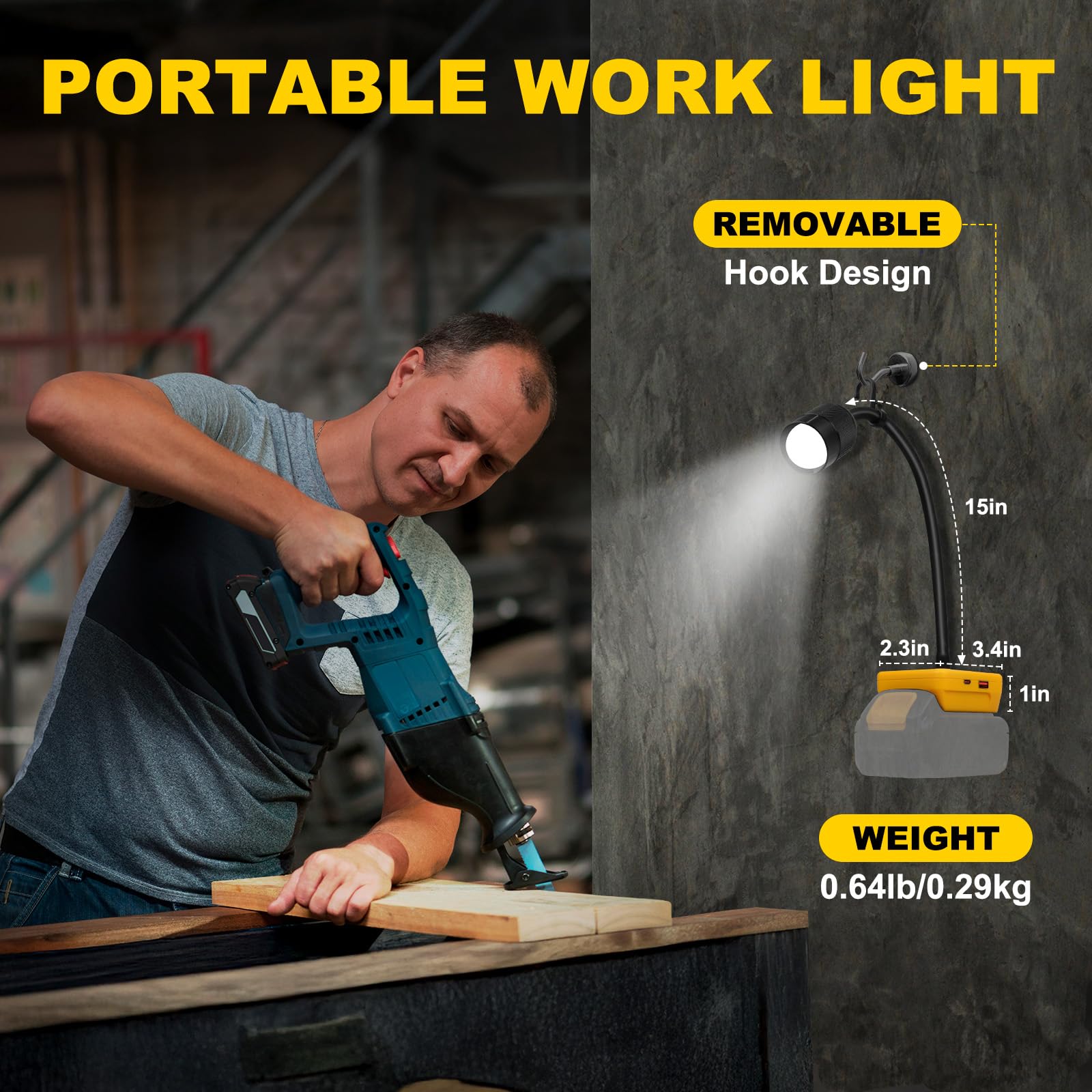 Lampa robocza LED kompatybilna z akumulatorem Dewalt 20 V – 30 W, 3000 lm, lampa warsztatowa LED z ochroną przed niskim napięciem – przenośne oświetlenie narzędziowe z przyłączem USB / do