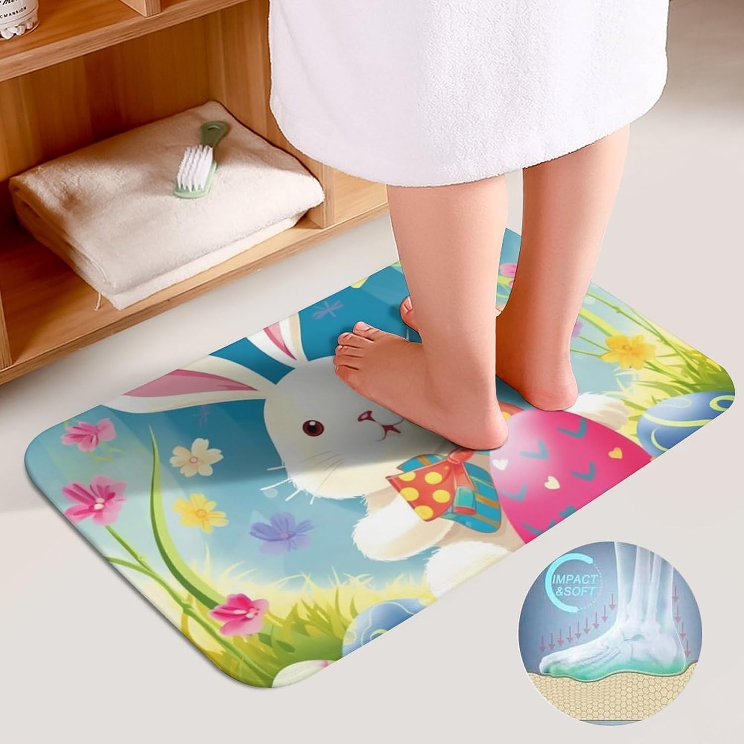 Anti-Skid Floor Mats 3 Piece Set,Spring Happy Easter Holiday Printed Coral Fleece Bathroom Mats U-Shaped Contour Mat Toilet Seat Cover for Bathroom, Tub, Shower, Kitchen 19.7"x31.5"
