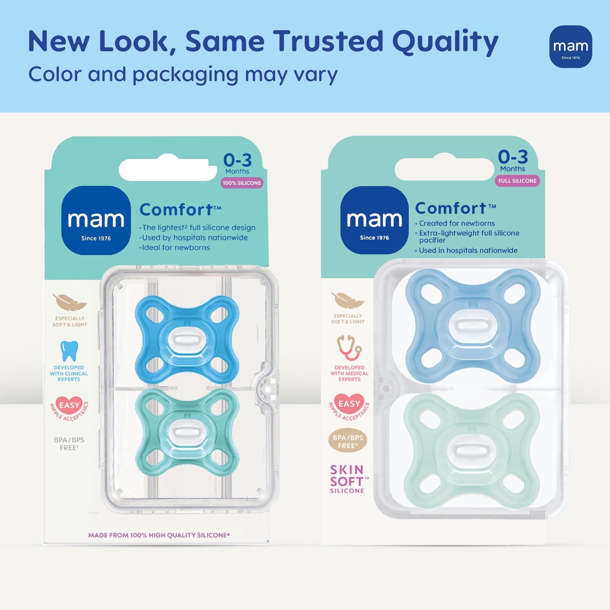 MAM Comfort Baby Schnuller, 100% leichtes Silikon, Sterilisator-Hülle, 0-3 Monate, 2 Stück