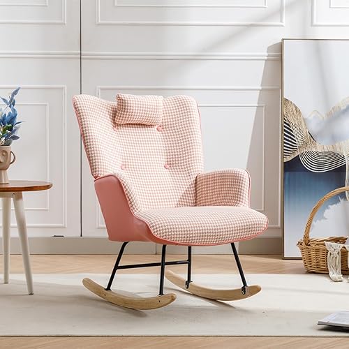 Mecedora para guardería, cómoda mecedora con respaldo de ala con pata de gallo suave y tela de cuero, silla reclinable para sala de estar,