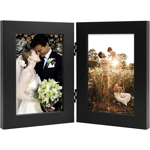 Golden State Art, 4x6 Double Picture Frame Vertical Hinged Photo Frame 2 Opening Folding Family Frames Collage, with Real Glass (4x6, Black, 1-Pack)