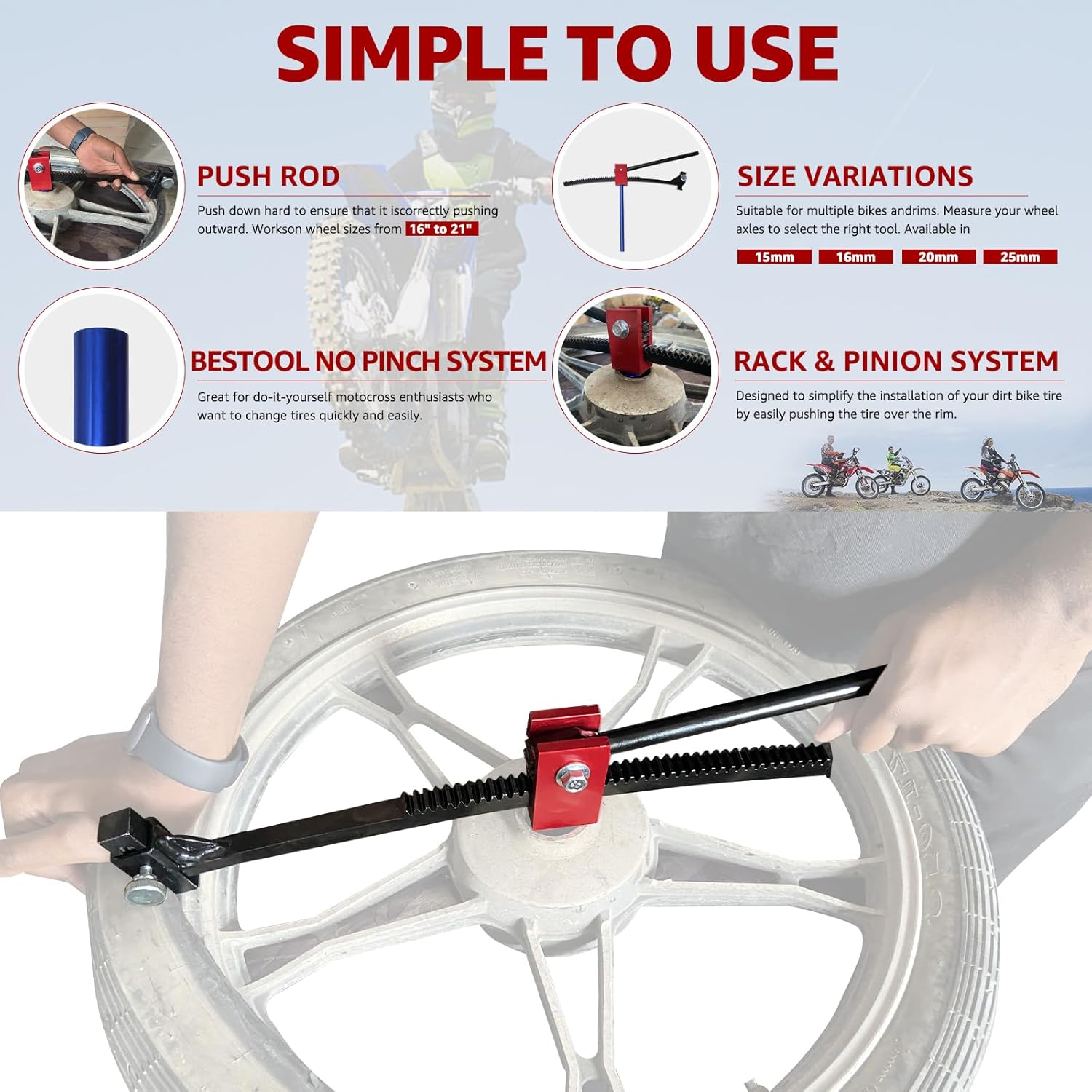 BESTOOL Dirt Bike Tire Changing Kit for Motocross, Enduro and Dirt Bikes - Dirt Bike Tire Changing Tool for 16" to 21" Wheels, Quick Mount Without Pinching Tubes - 20mm Axles