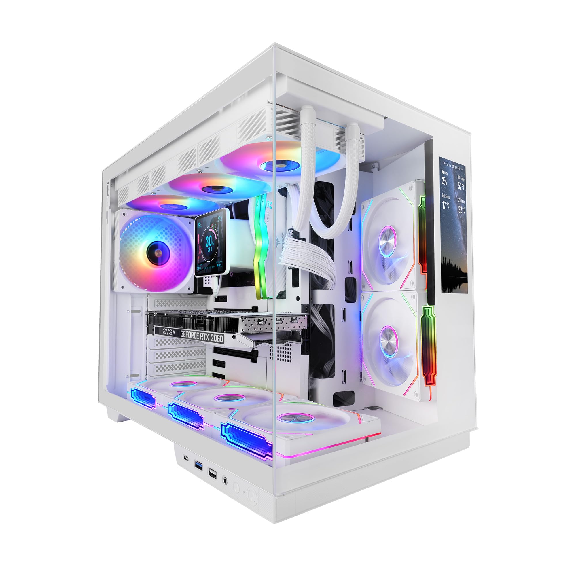 Mars Gaming MC-MIRAGE, Gaming Case ATX, 7.2” Customizable LCD IPS Display, Continuous Tempered Glass Front and Side, Dual Chamber Structure, Liquid Cooling Support up to 360mm, White