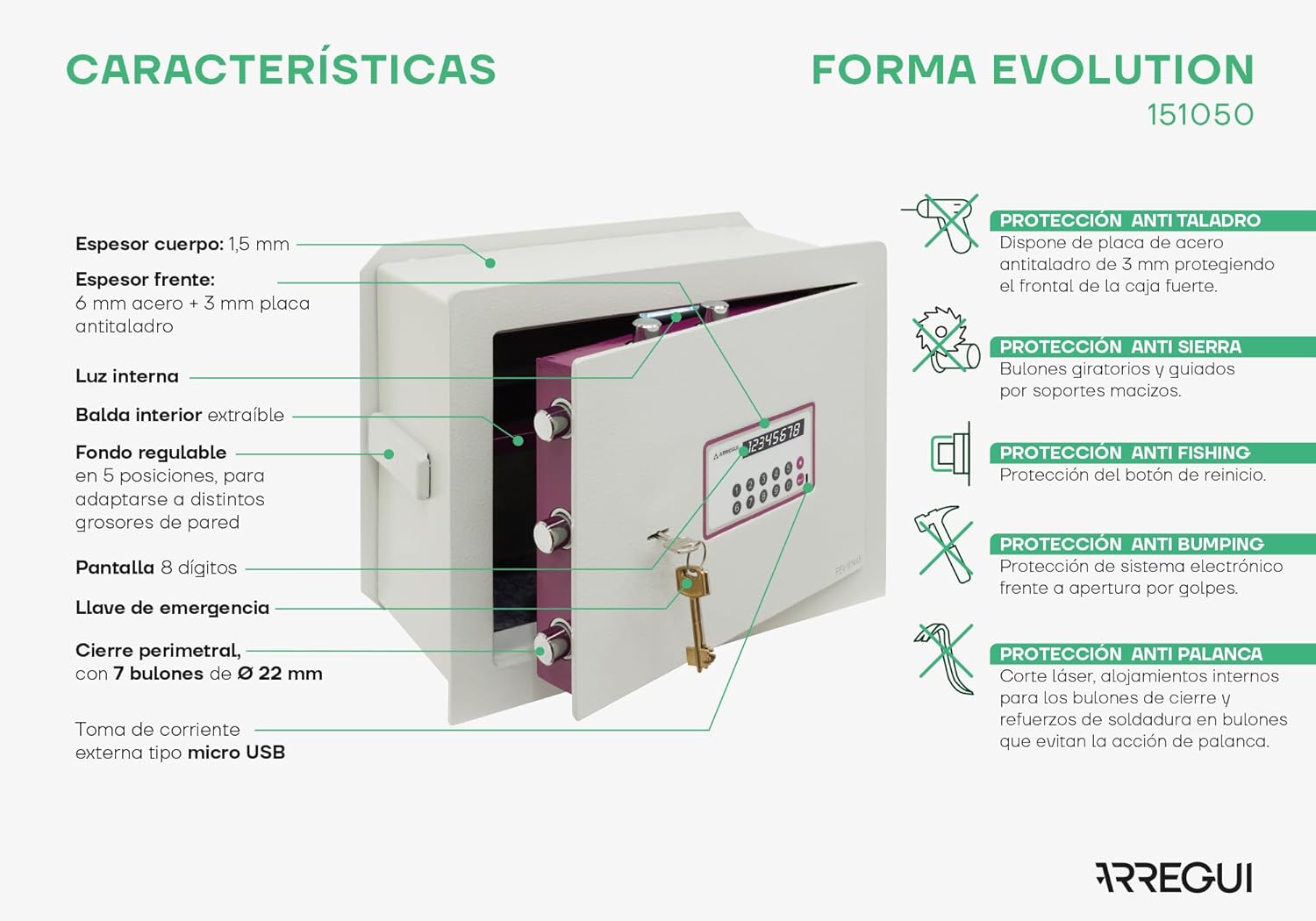 Diagram illustrating the features of the ARREGUI Forma Evolution 151050 safe, including body thickness, front thickness, internal light, adjustable depth, 8-digit display, emergency key, perimeter lock, and external micro USB power input. Also shows anti-drill, anti-saw, anti-fishing, anti-bumping, and anti-lever protections.