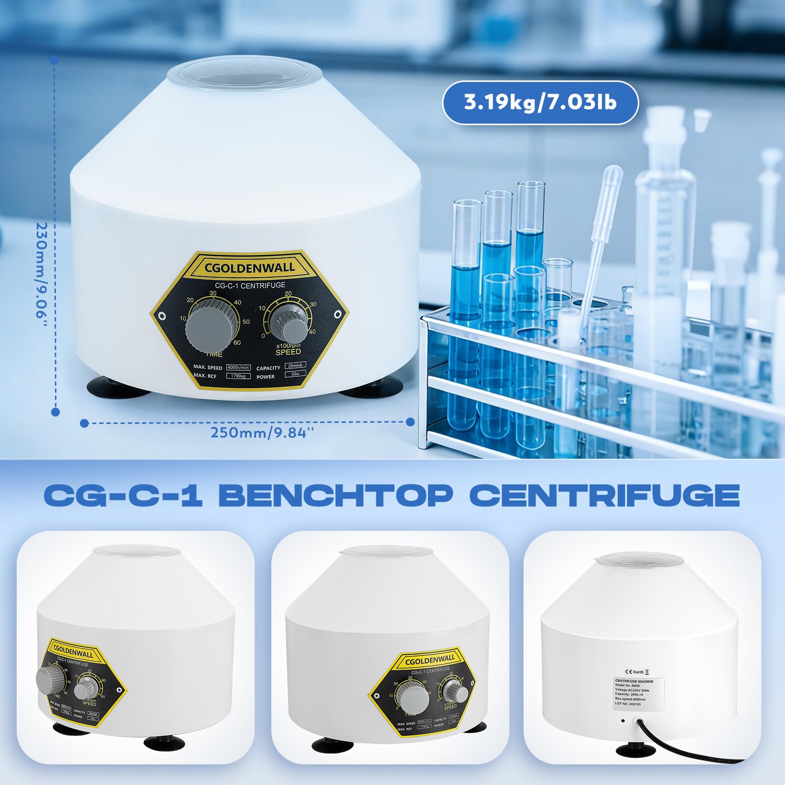CGOLDENWALL Centrifugadora de Laboratorio 20ml 4000rpm 1790xg 0-60min